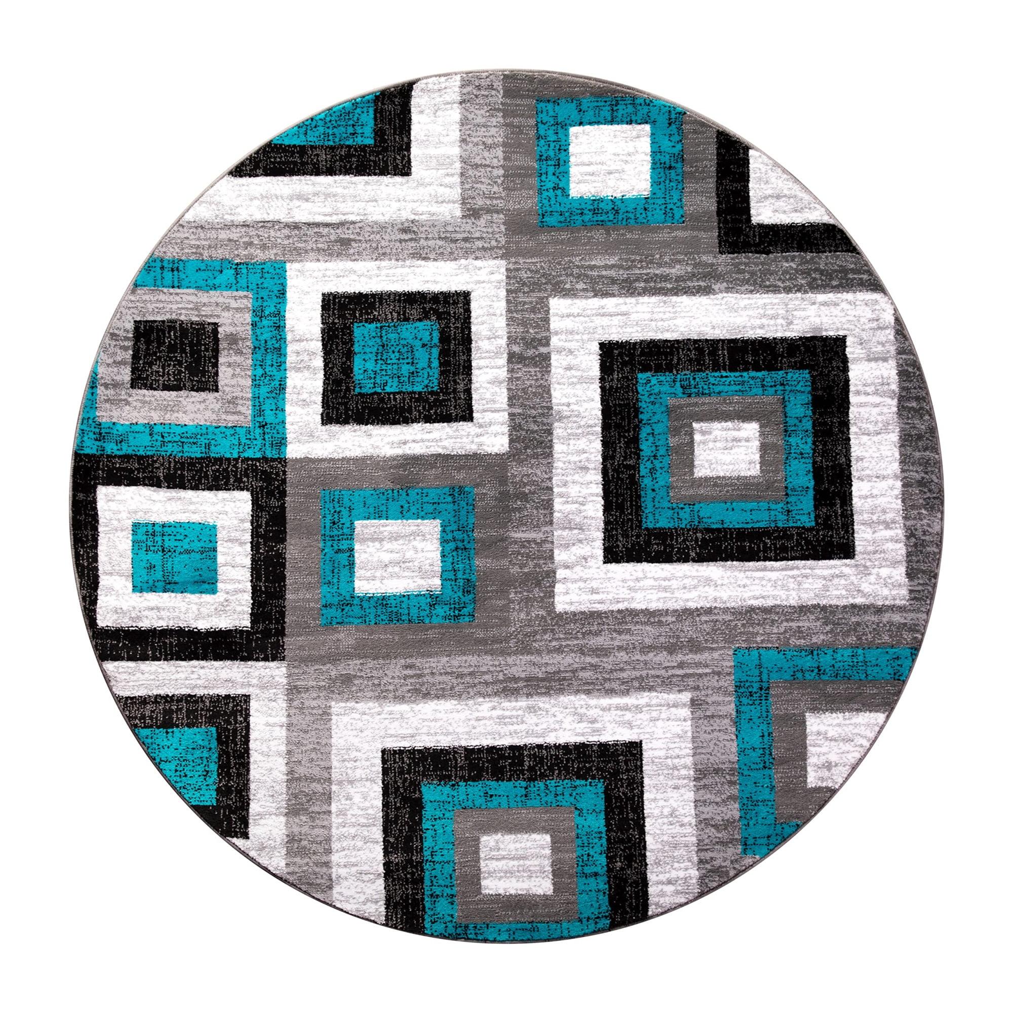 Gideon Collection Geometric 8' x 8' Turquoise, Grey, and White Round Olefin Area Rug with Cotton Backing, Living Room, Bedroom