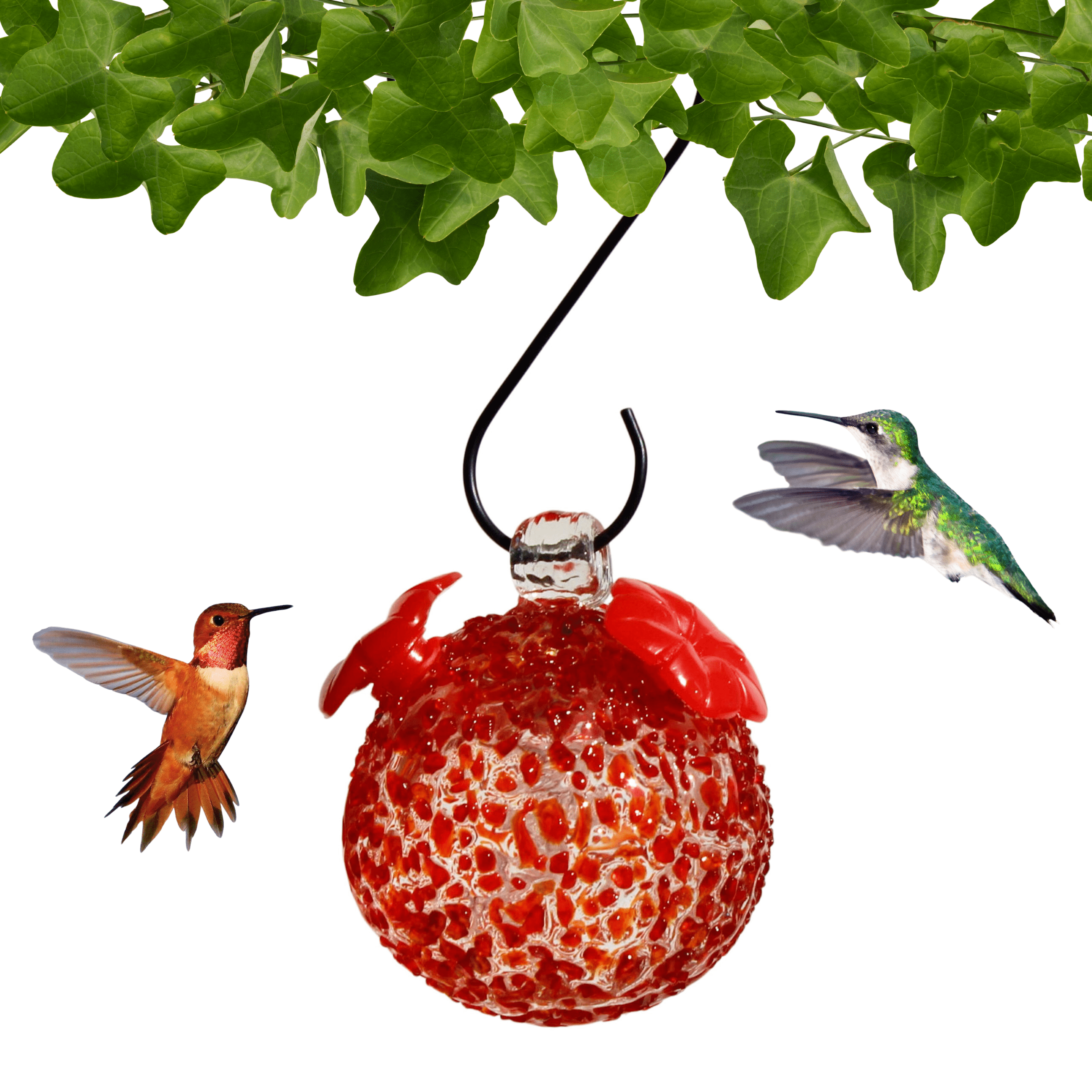 Red Textured Glass Hanging Hummingbird Feeder with Rubber Ports