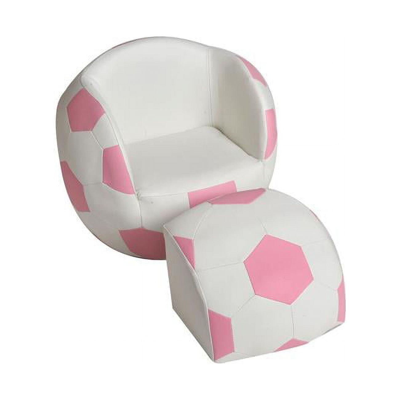 Pink and White Faux Leather Soccer Ball Kids' Chair with Ottoman