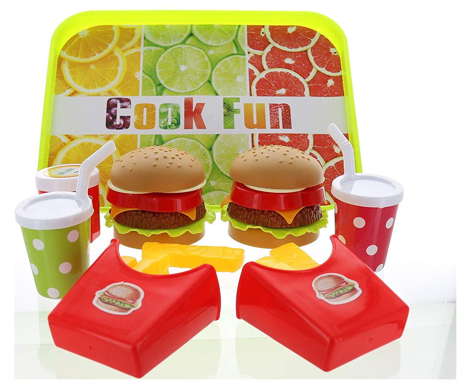GiftExpress Burger & Chess Fast Food Cooking Play Set for Kids with Hamburger, Fries, Hot Dog, Coke, Ketchup, Milk, Sauce and Tray