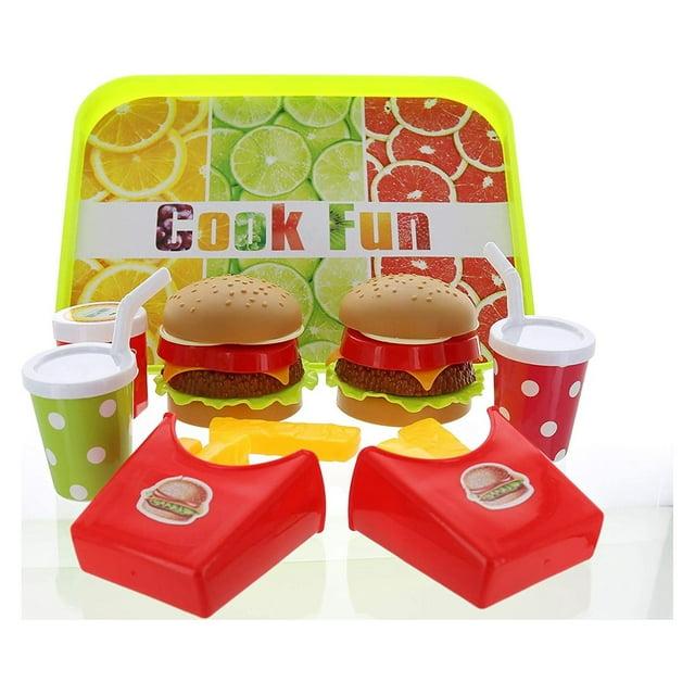GiftExpress Burger & Chess Fast Food Cooking Play Set for Kids with Hamburger, Fries, Hot Dog, Coke, Ketchup, Milk, Sauce and Tray
