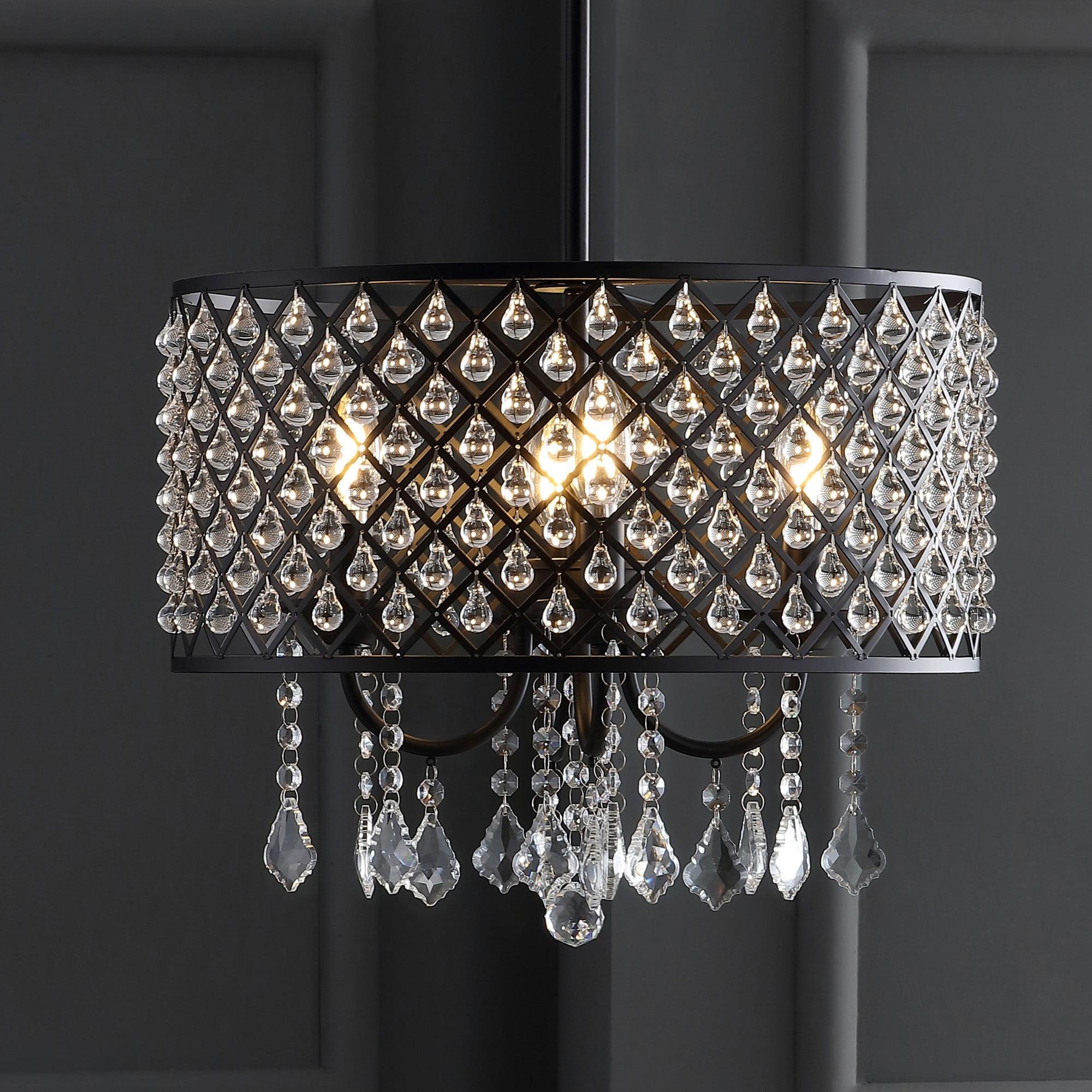 Gigi 17" Metal/Crystal Adjustable LED Drop Chandelier, Black/Clear