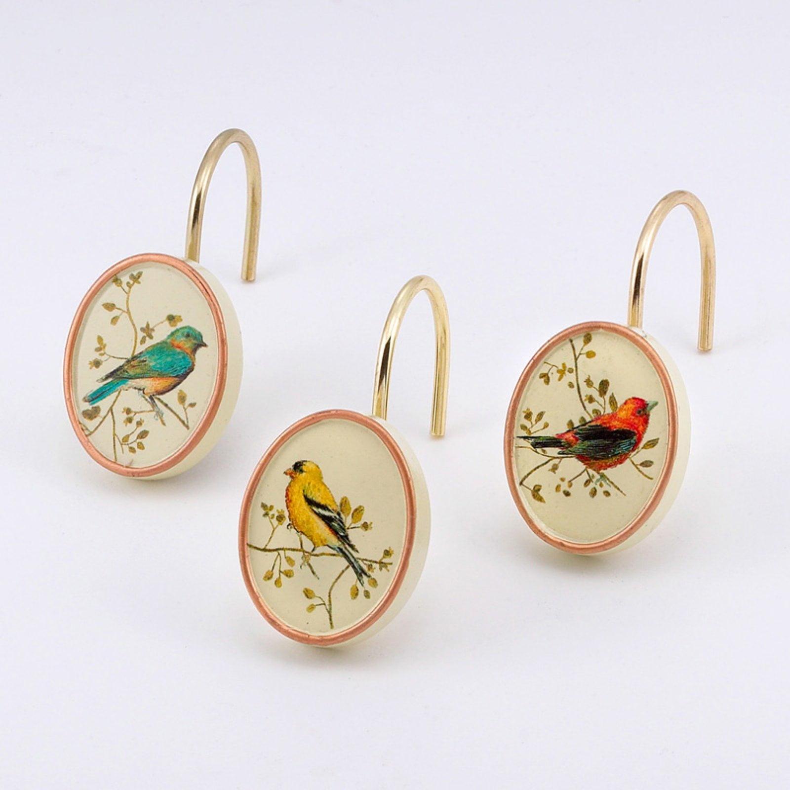 Ivory Resin Gilded Birds Shower Hooks Set of 12