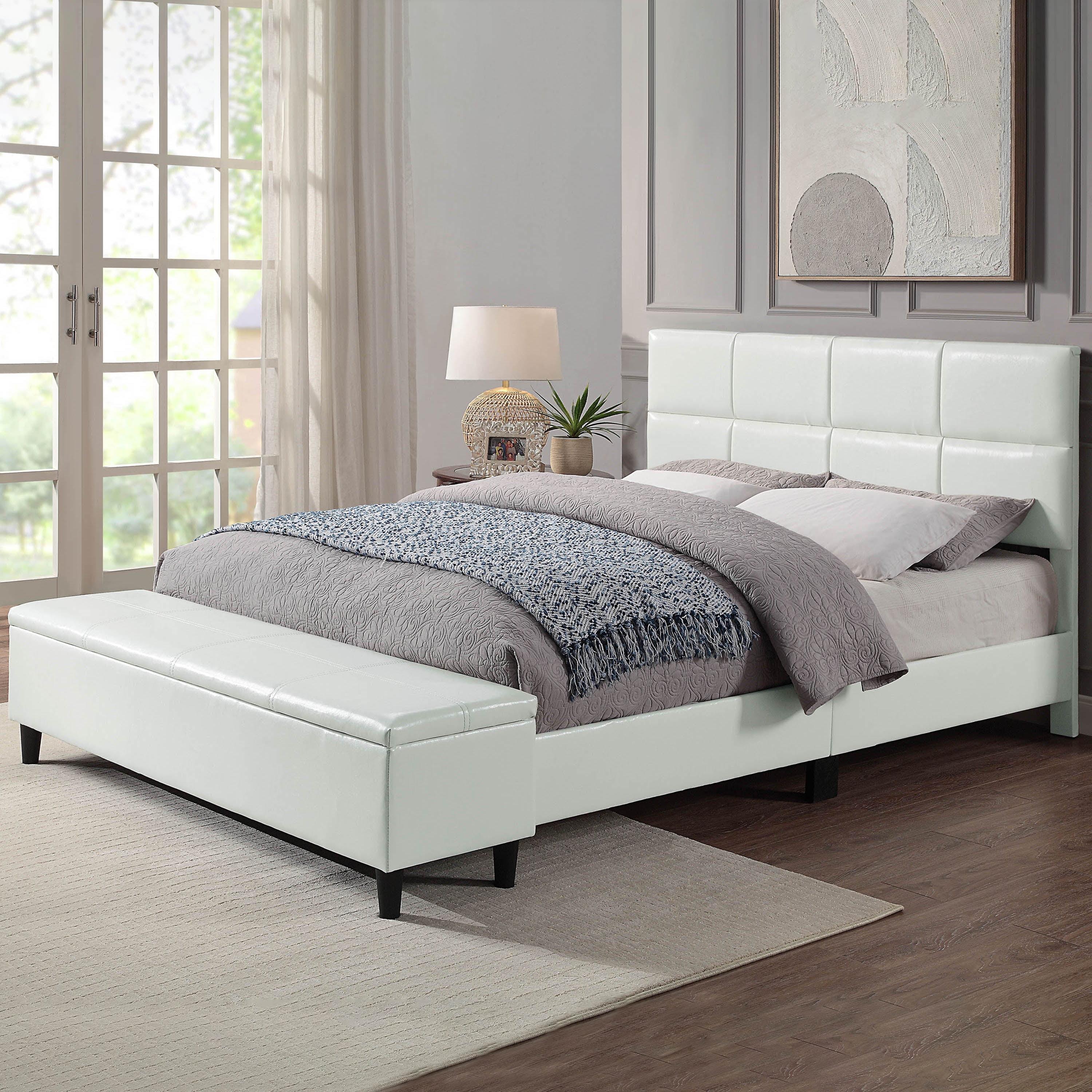 Full Kerwin Flannelette Bed with Bench Storage White - HOMES: Inside + Out: Upholstered Platform, No Box Spring Required