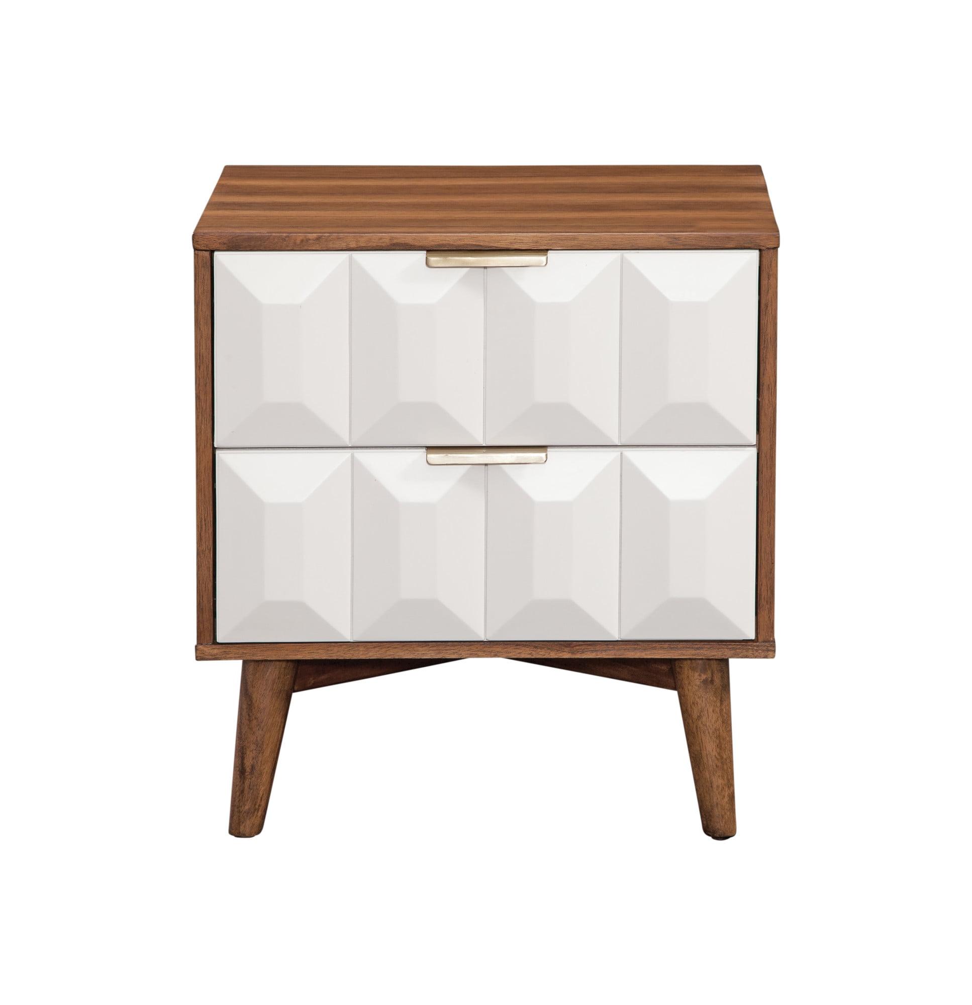 Ginny Mid-Century 2-Drawer Walnut Nightstand with White Accents