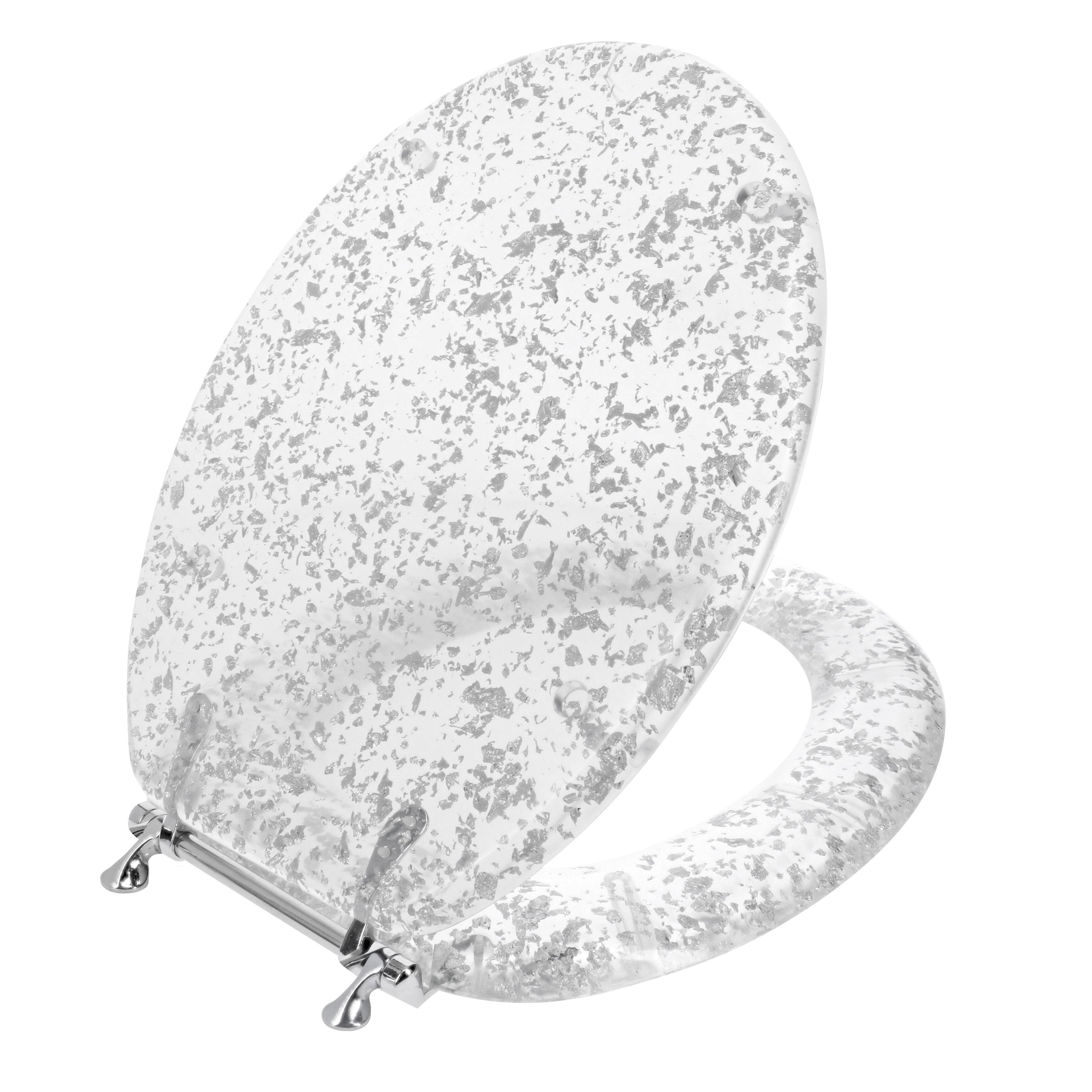 Elongated Clear Resin Toilet Seat with Silver Foil and Chrome Hinges