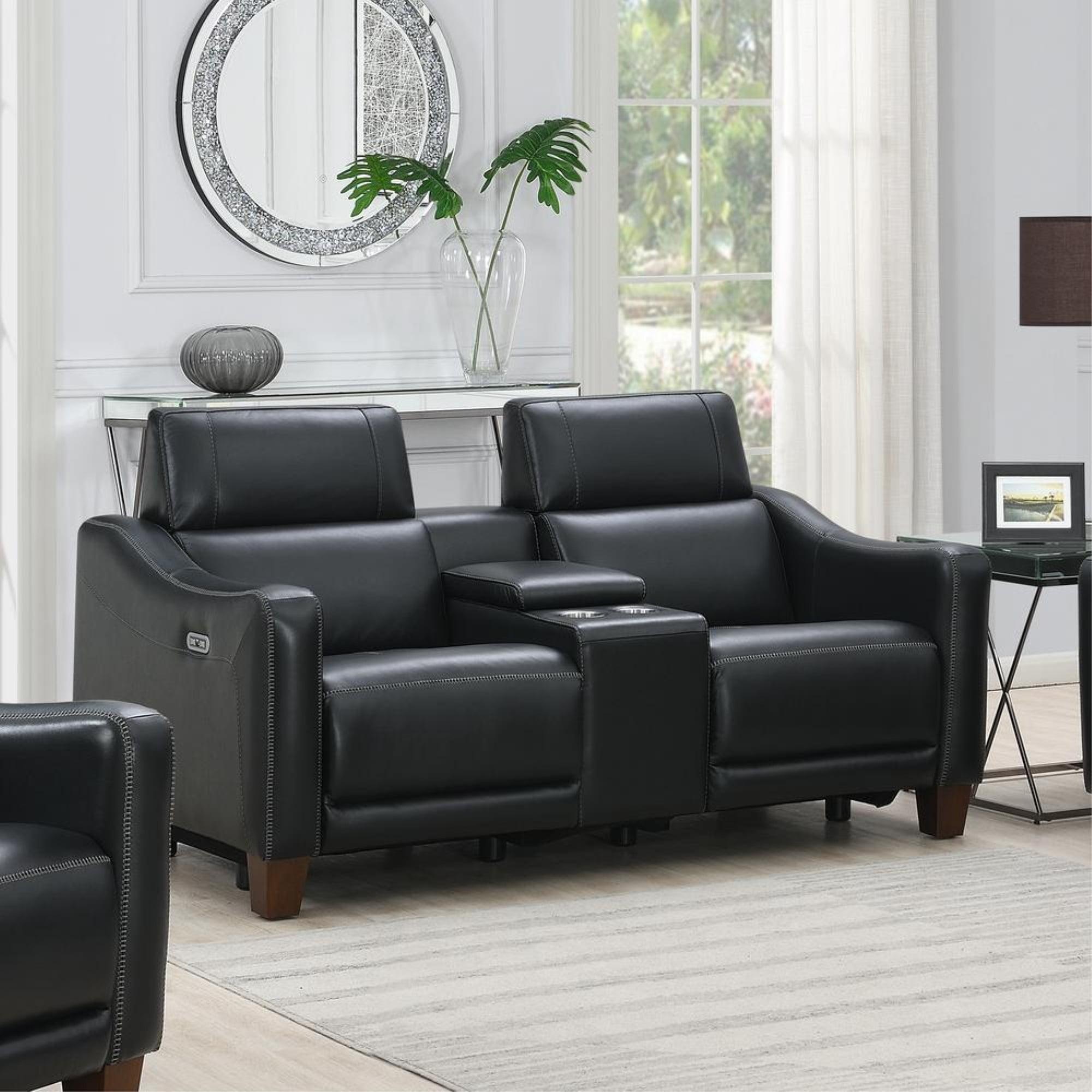 Black Faux Leather Power Reclining Loveseat with Storage and Cup Holder