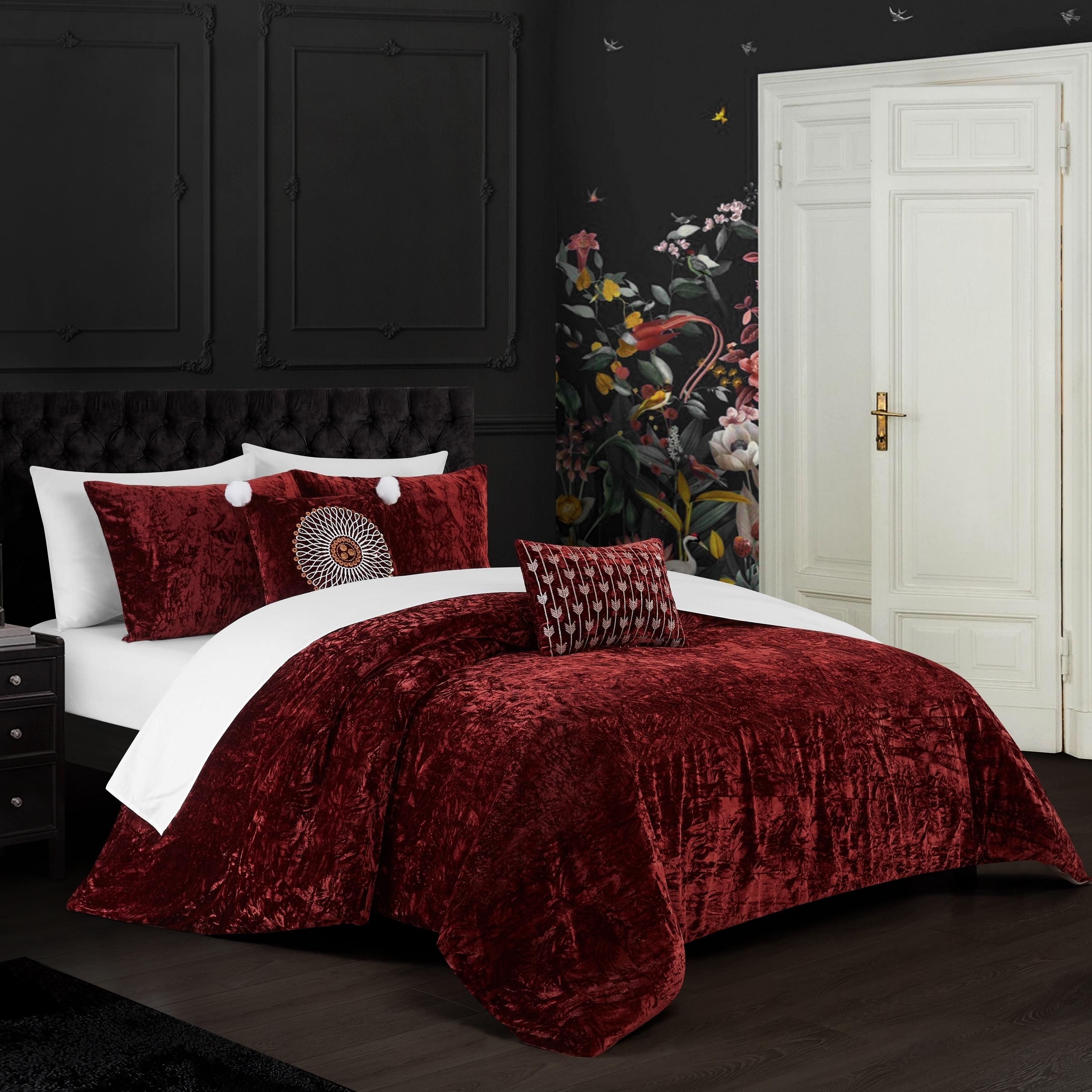 King Burgundy Crinkle Velvet Down Alternative Comforter Set