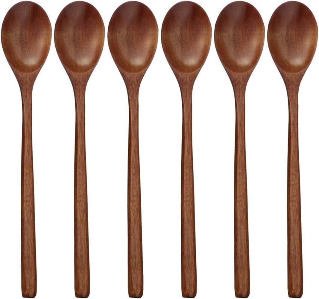 9 Inch Natural Wood Long Handle Soup Spoons, Set of 6