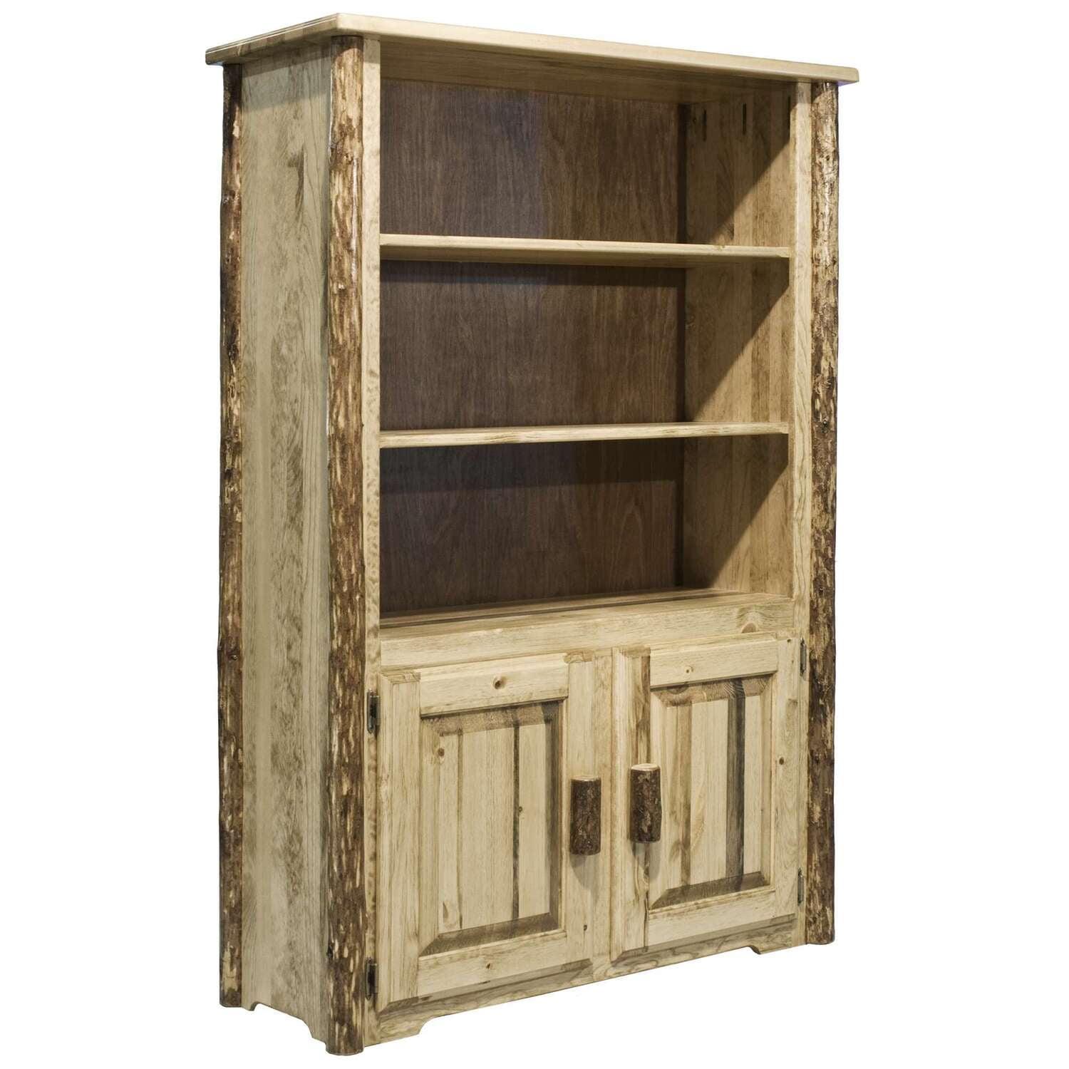 Rustic Brown Solid Pine Wood Bookcase with Doors