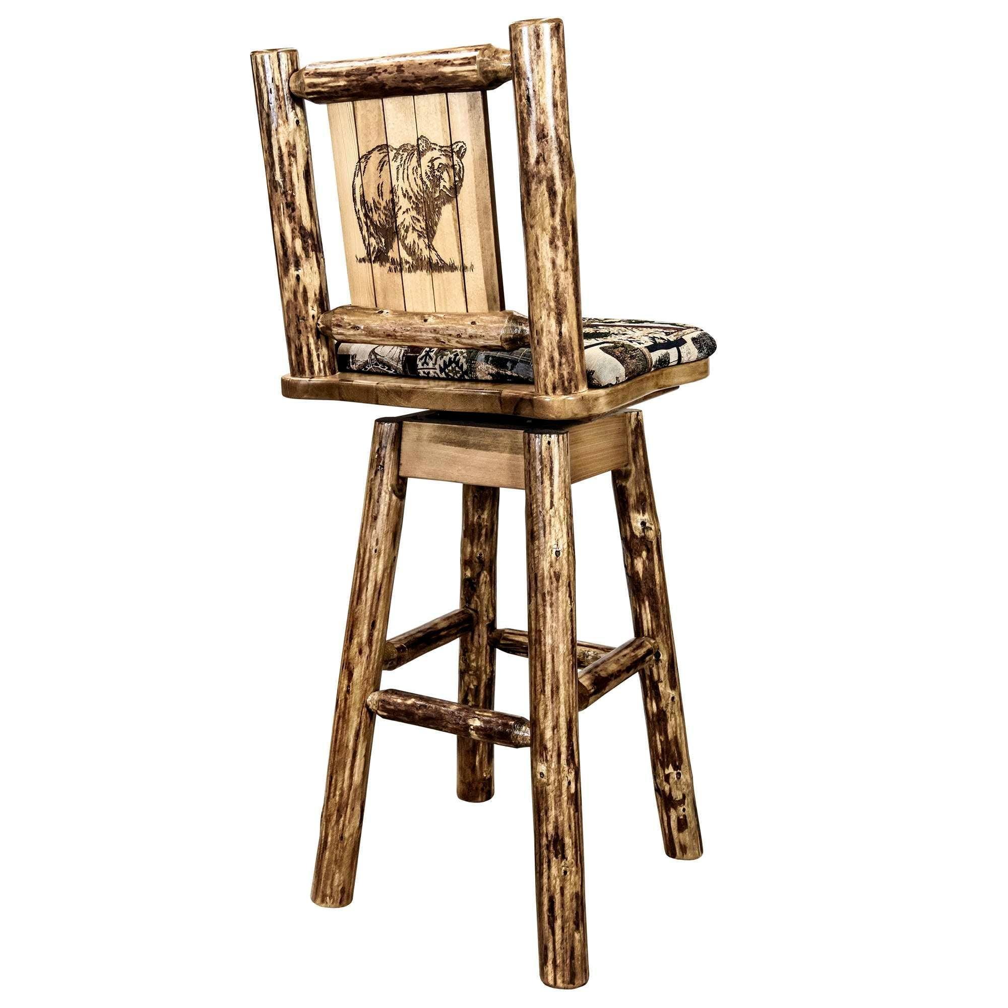 Rustic Lodge Pole Pine Swivel Barstool with Engraved Bear Design