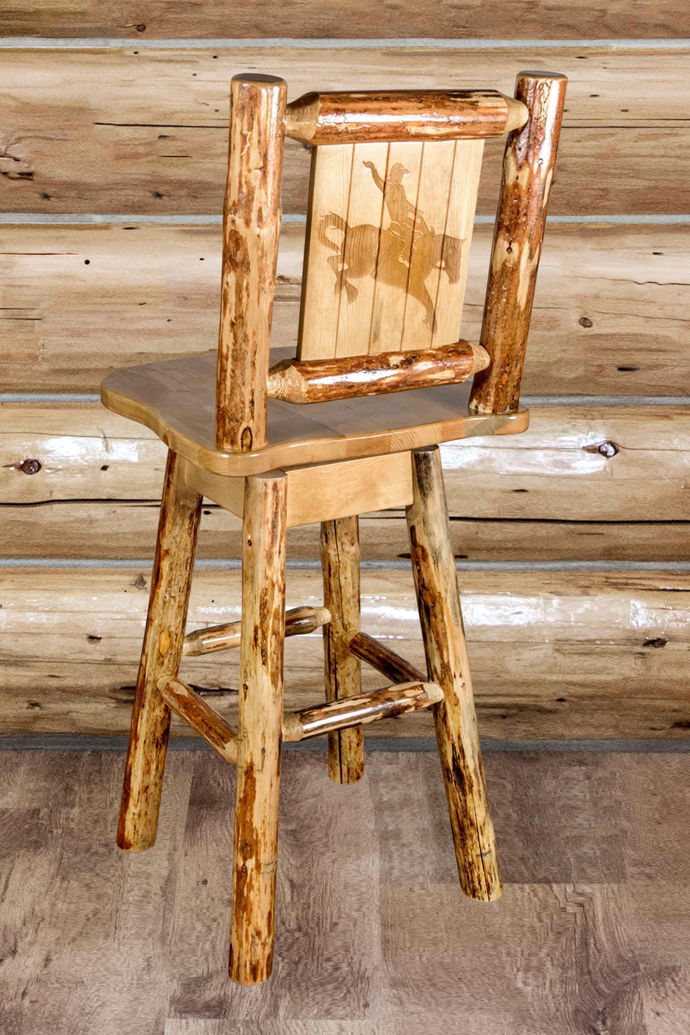 Rustic Glacier Country Swivel Barstool with Laser-Engraved Bronc Design