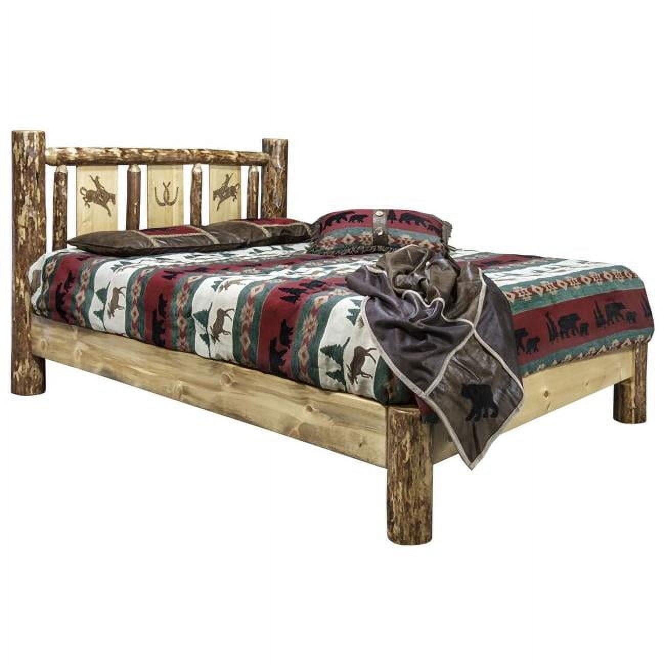 Rustic Lodge King Bed with Bronc Engraved Pine Headboard