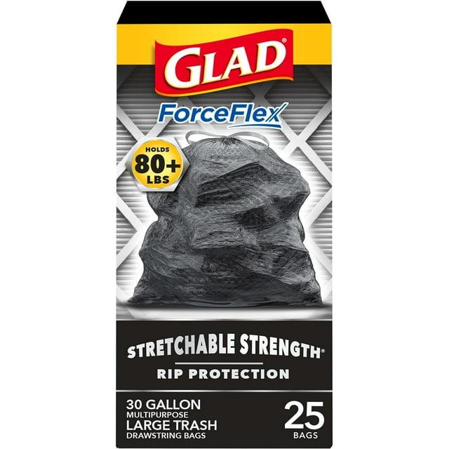 Glad Large Drawstring Trash Bags, Forceflex 30 Gallon Black Trash Bags, 25 Count