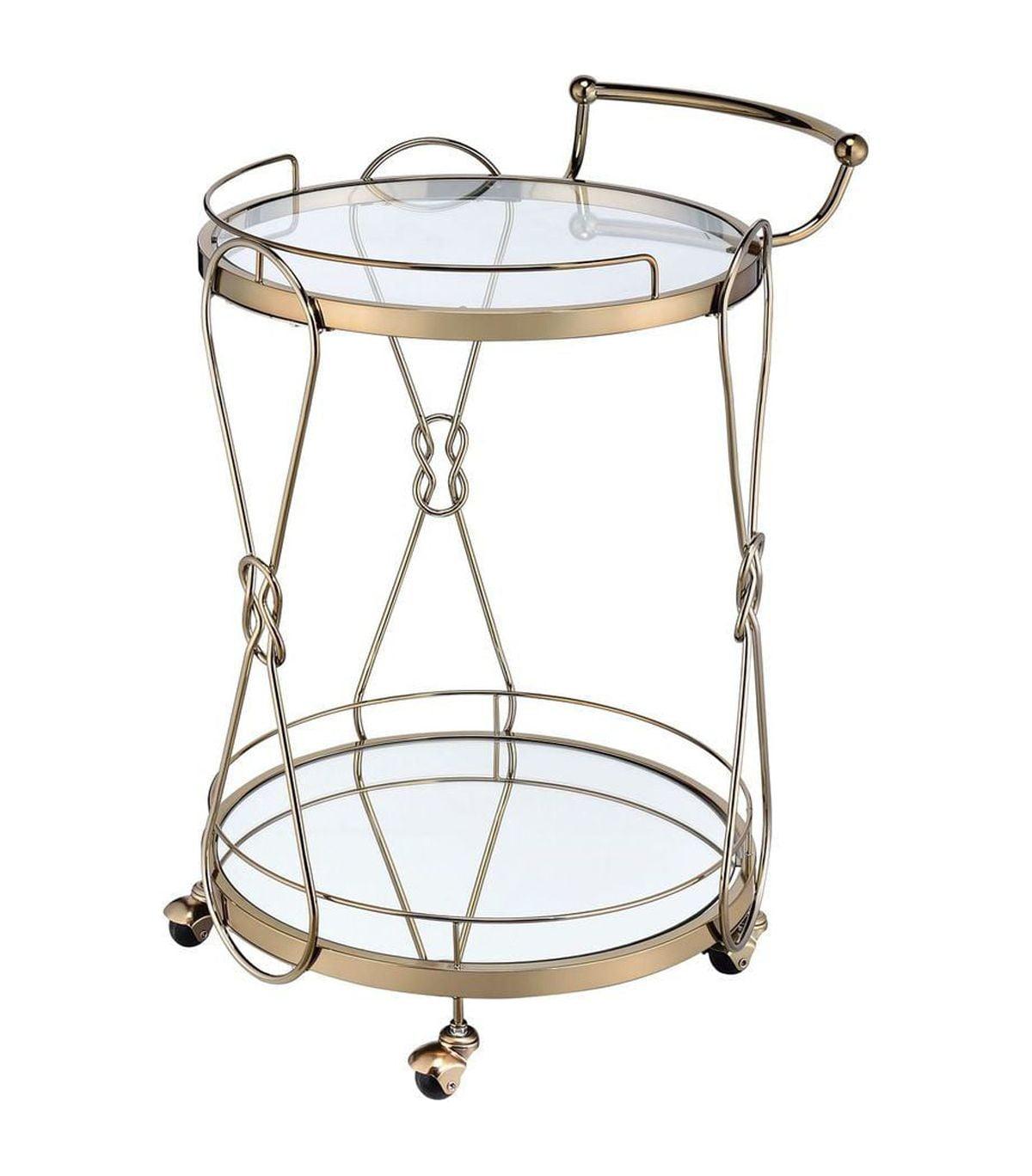 Chic Champagne Round Serving Cart with Glass Shelves and Locking Casters