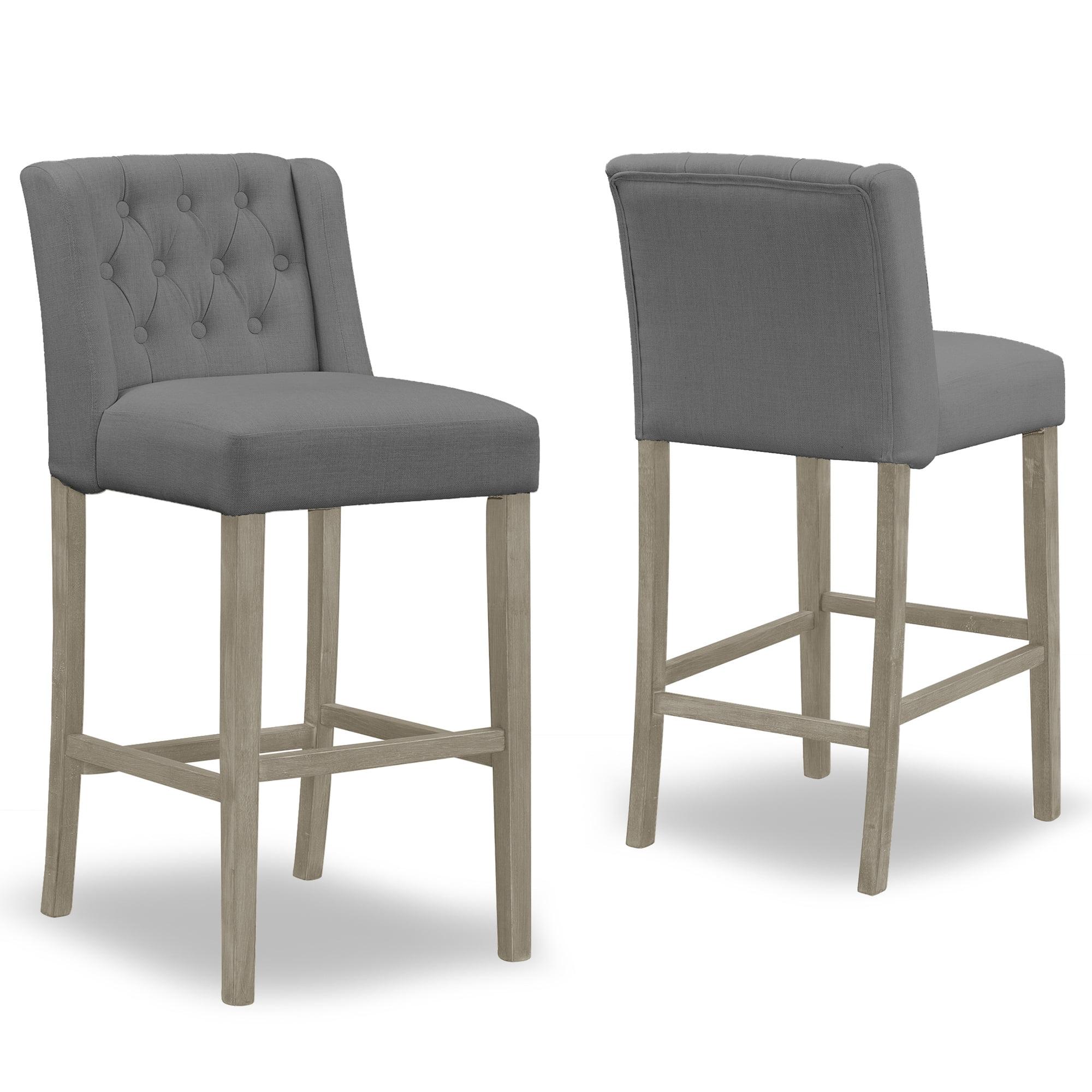 Chic Gray Fabric Upholstered Barstool with Tufted Buttons and Wood Legs