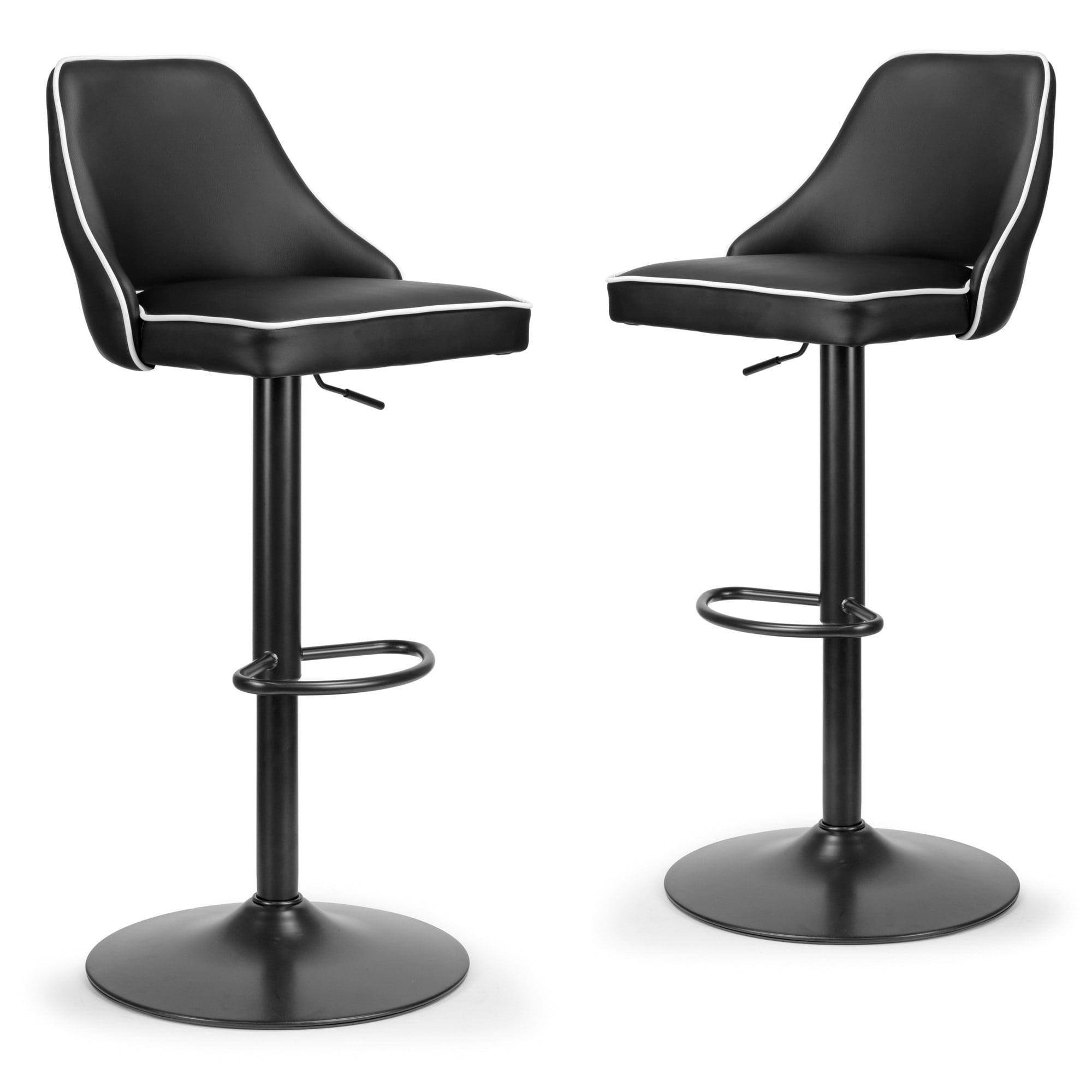 Black Adjustable Height Swivel Bar Stools with White Piping, Set of 2