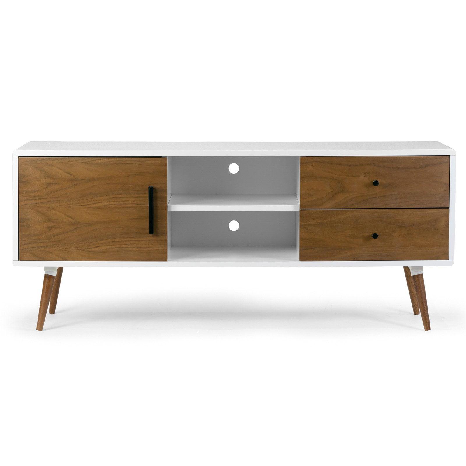 Scandinavian White and Walnut 2-Shelf 2-Drawer TV Stand