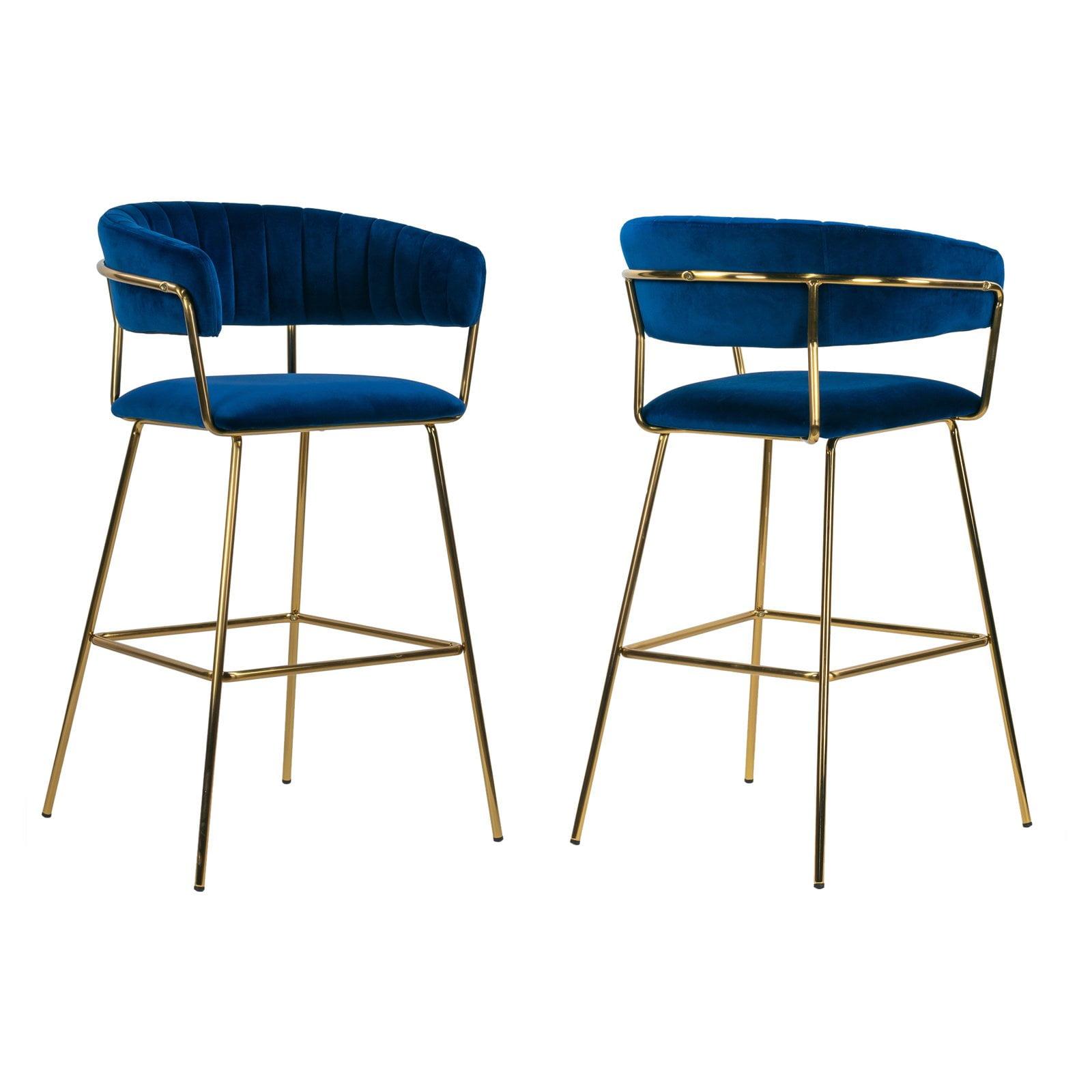 Aurora Blue Velvet 30" Bar Stool with Golden Metal Legs - Set of 2