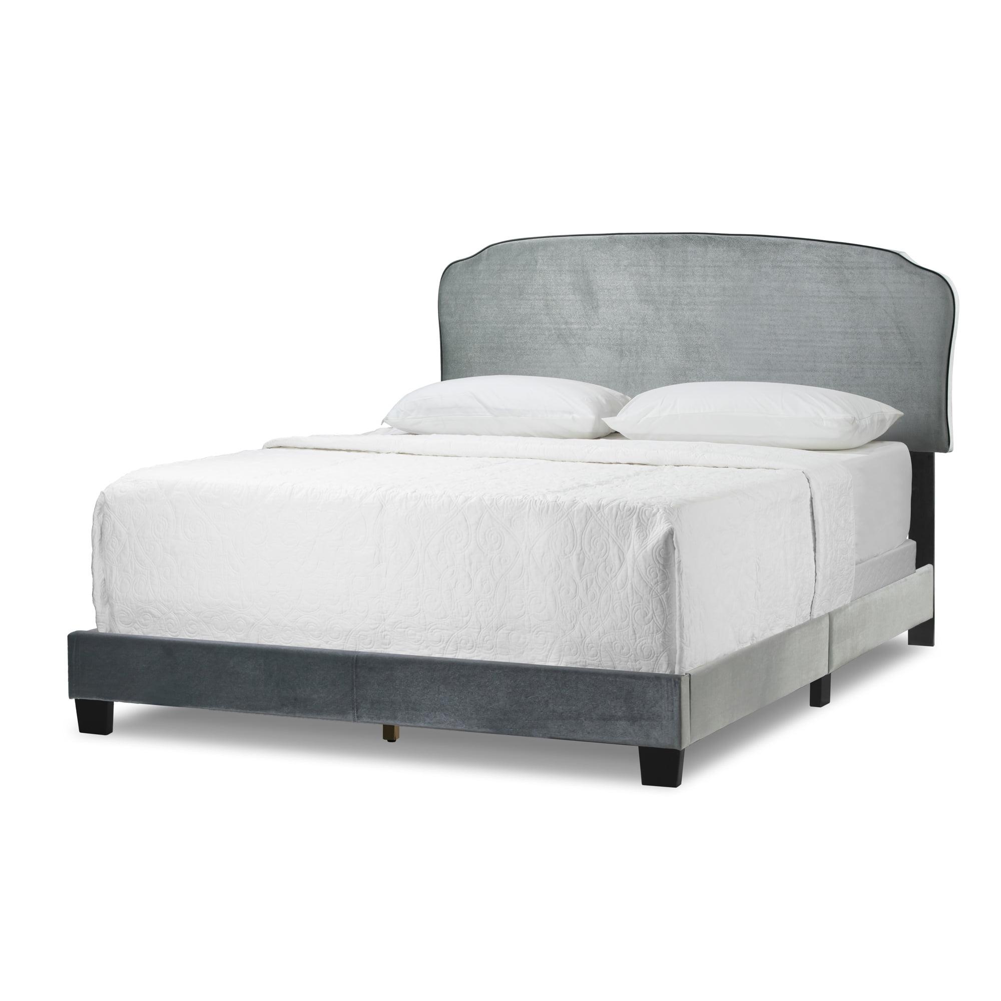 Silver Grey Velvet Queen Bed with Contrasting Piping Accent