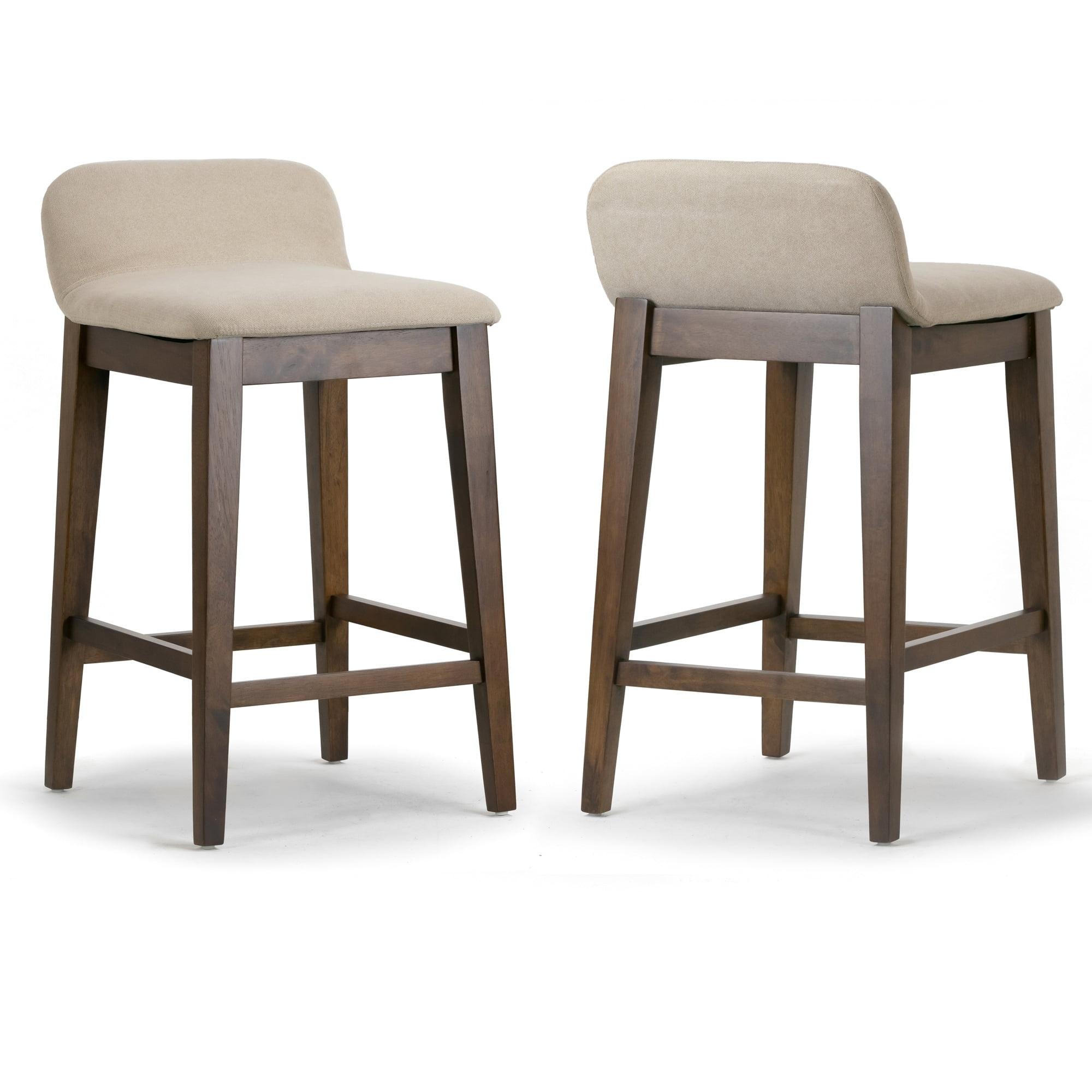 Set of 2 Beige Fabric and Dark Brown Wood Bar Stools