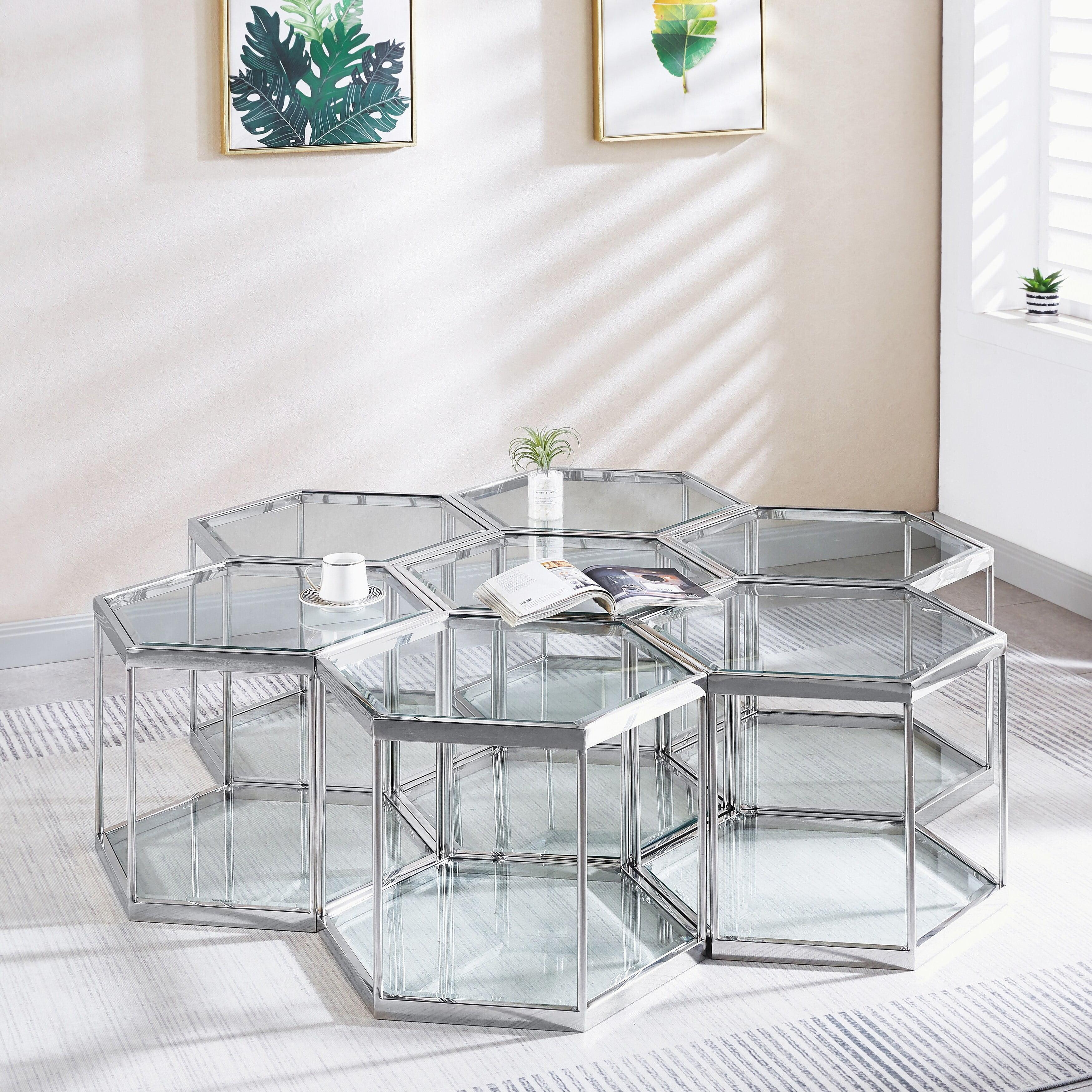 Hexagonal Glass Coffee Table with Stainless Steel Frame