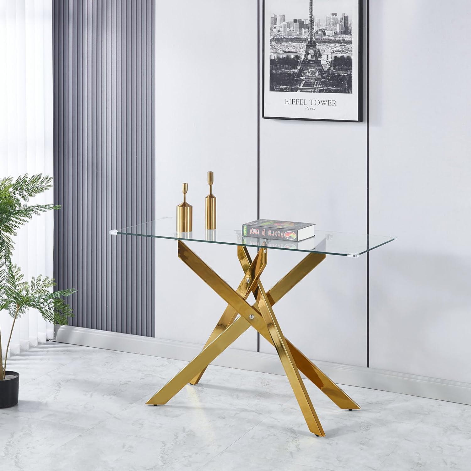 Gold and Glass Console Table with Tempered Glass Top