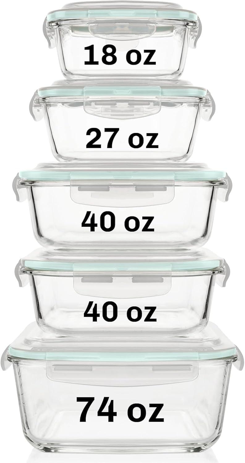 Razab 10-Piece Glass Food Storage Containers with Airtight Lids – Leakproof, BPA-Free, Oven, Microwave, Freezer & Dishwasher Safe Meal Prep Containers for Kitchen & Pantry Organization