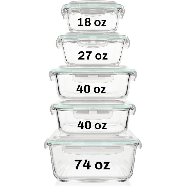Razab 10-Piece Glass Food Storage Containers with Airtight Lids – Leakproof, BPA-Free, Oven, Microwave, Freezer & Dishwasher Safe Meal Prep Containers for Kitchen & Pantry Organization