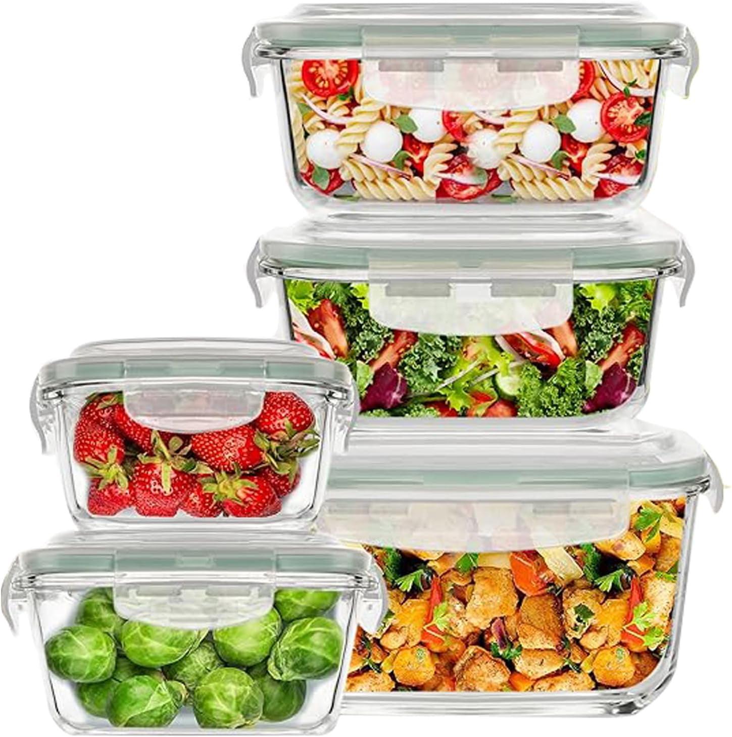 Razab 10-Piece Glass Food Storage Containers with Airtight Lids – Leakproof, BPA-Free, Oven, Microwave, Freezer & Dishwasher Safe Meal Prep Containers for Kitchen & Pantry Organization
