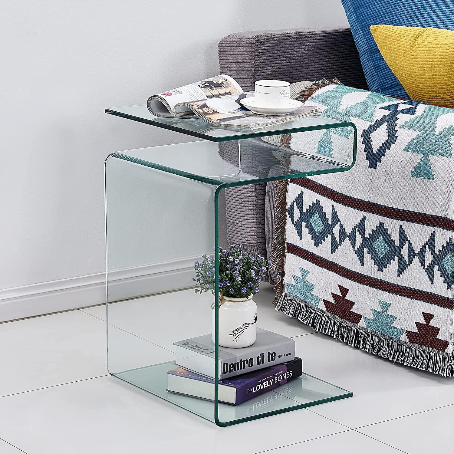 Glass Nightstand End Table, Clear S shape Side Tables Small Glass Tables for Living Room or Bedroom Chlorene