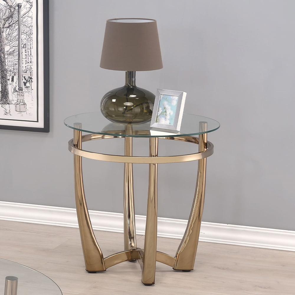 Glass Round End Table With Metal Base Champagne And Clear Glass - Saltoro Sherpi