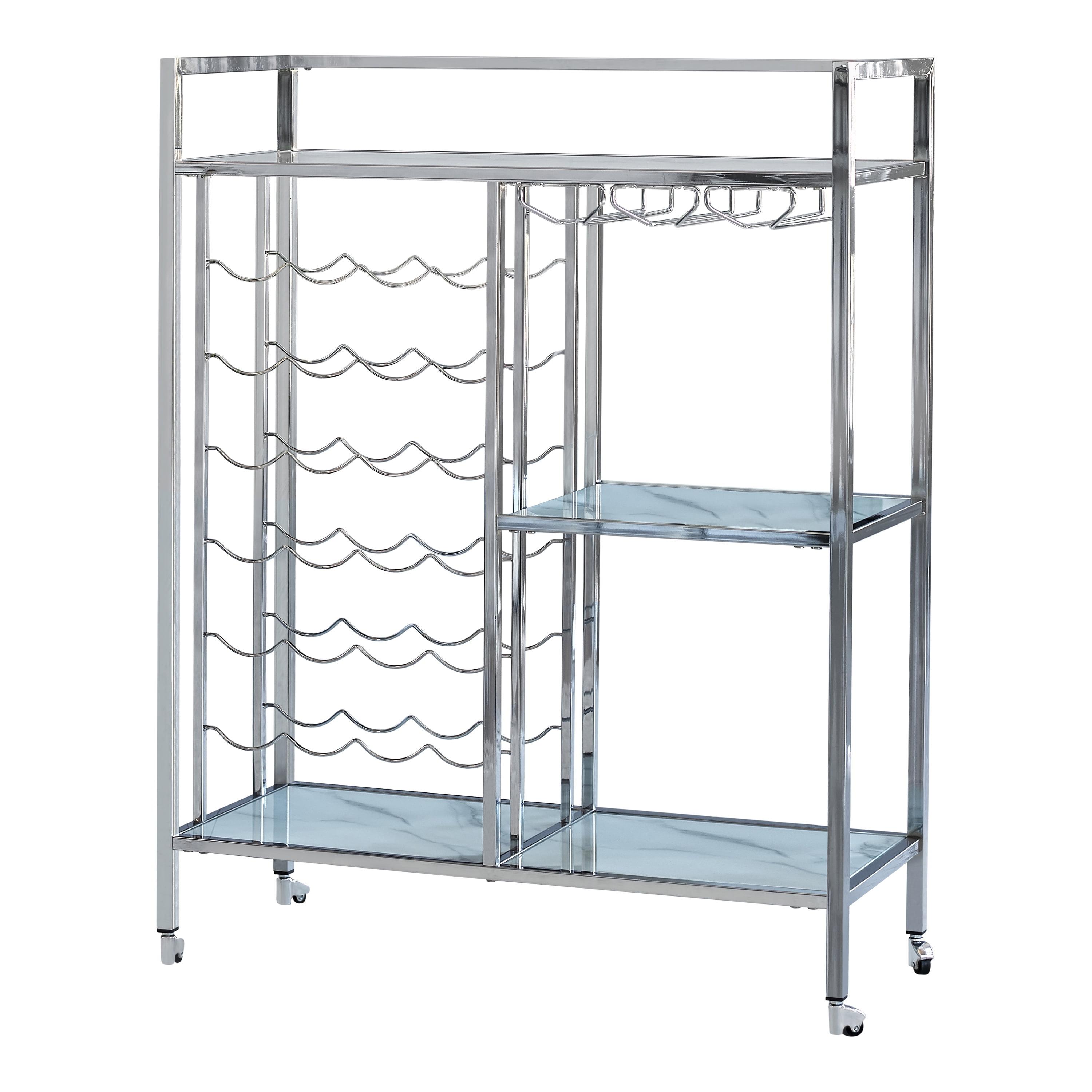 Contemporary Chrome Wine Serving Cart with Glass Shelves