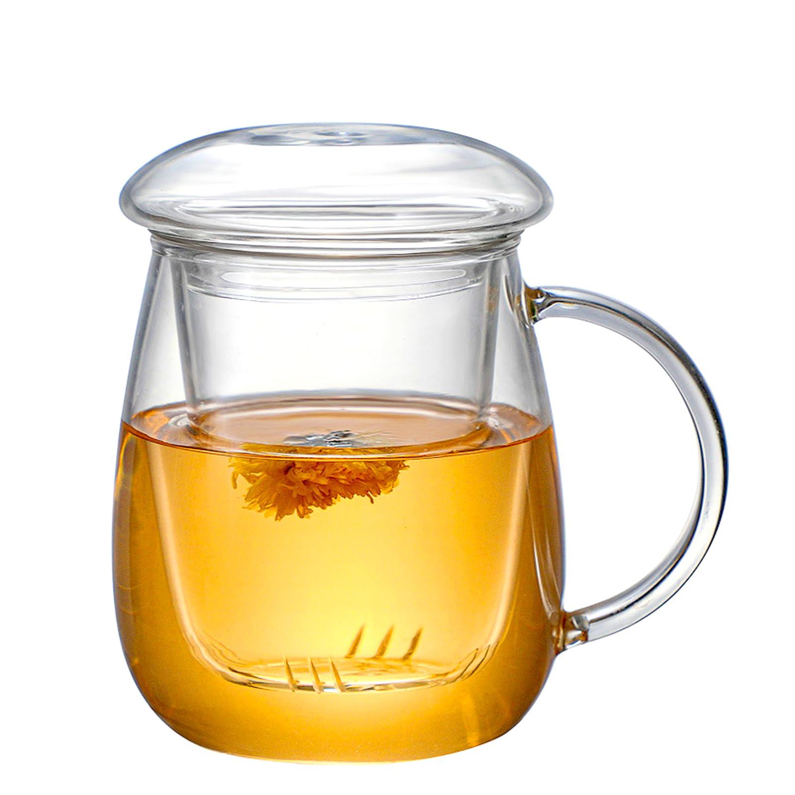 Glass Tea Cup with Infuser and Lid, 17OZ Large Borosilicate Glass Tea Cup with Strainer,Clear Glass Tea Mugs for Loose Leaf Tea,Blooming Tea,Tea Bag,Tea Cute Mushroom, Christmas gift