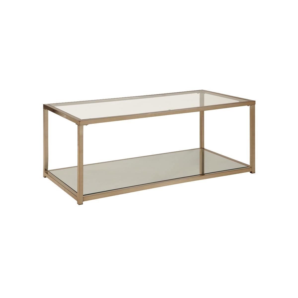 Contemporary Brass-Finish Metal Coffee Table with Glass Top and Mirrored Shelf