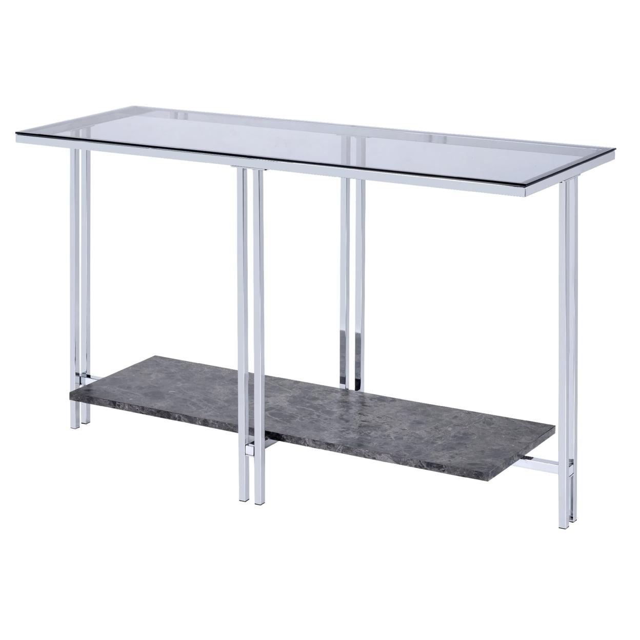 Contemporary Silver Metal Sofa Table with Glass Top and Faux Marble Shelf