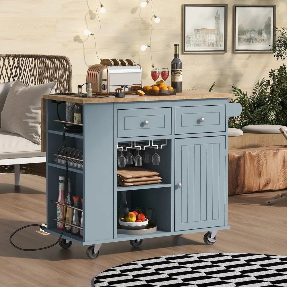 Blue Wood Drop Leaf Kitchen Cart with Wine Rack and Storage