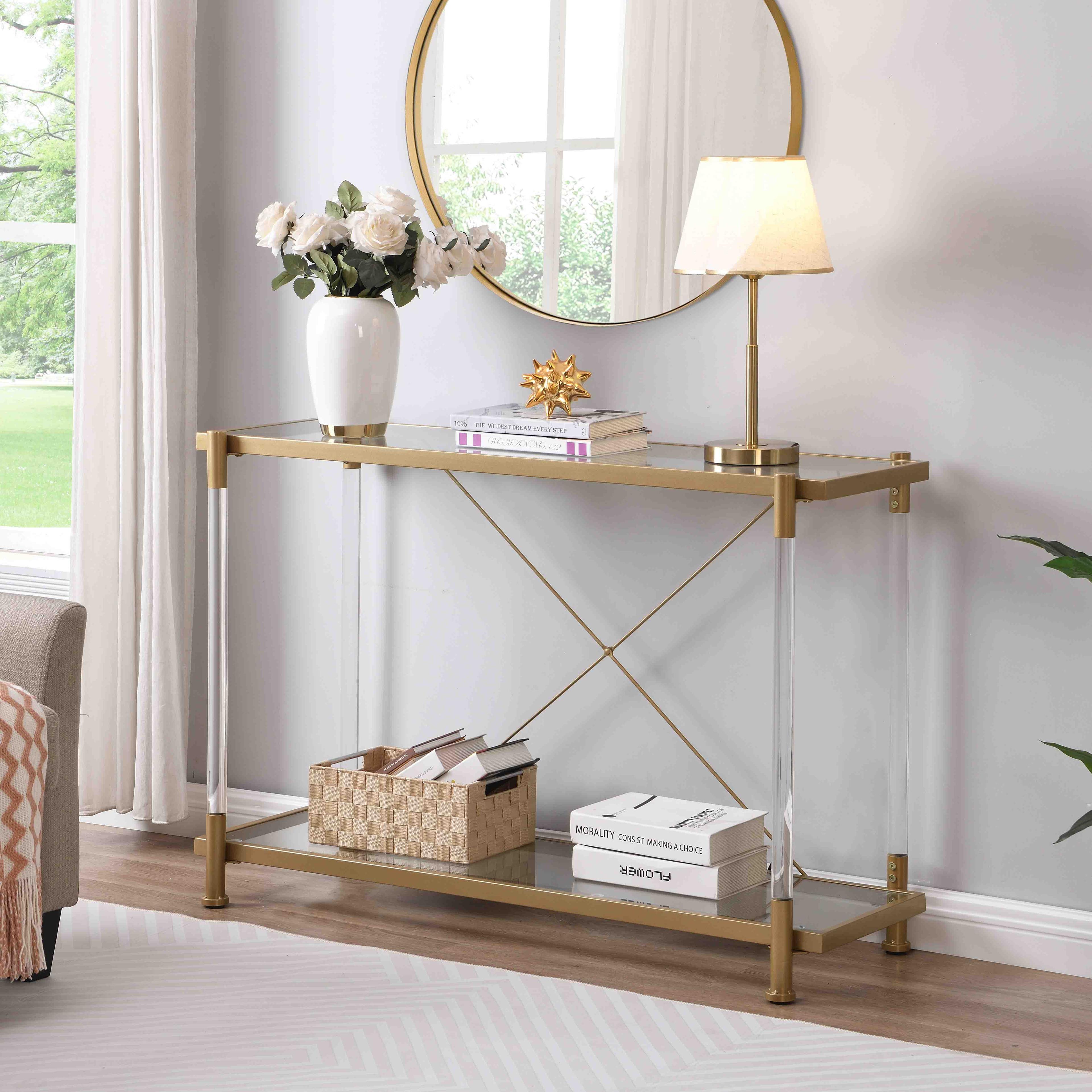 Gold Glass Console Table with Acrylic Legs and Storage