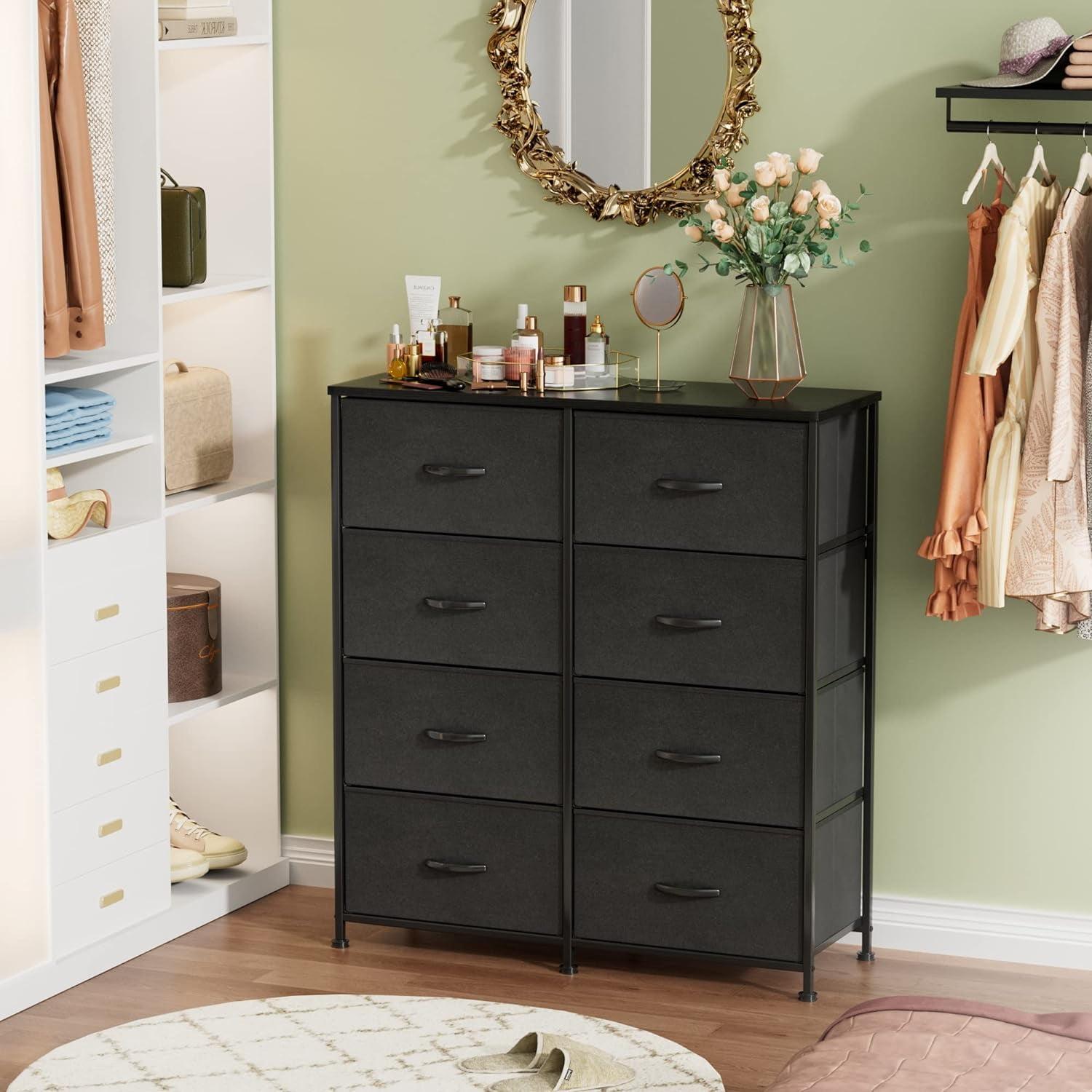 Dresser for Bedroom, 8 Storage Drawers, Tall Fabric Closet Chests Organizer Tower Furniture with Wooden Top Metal Frame Black