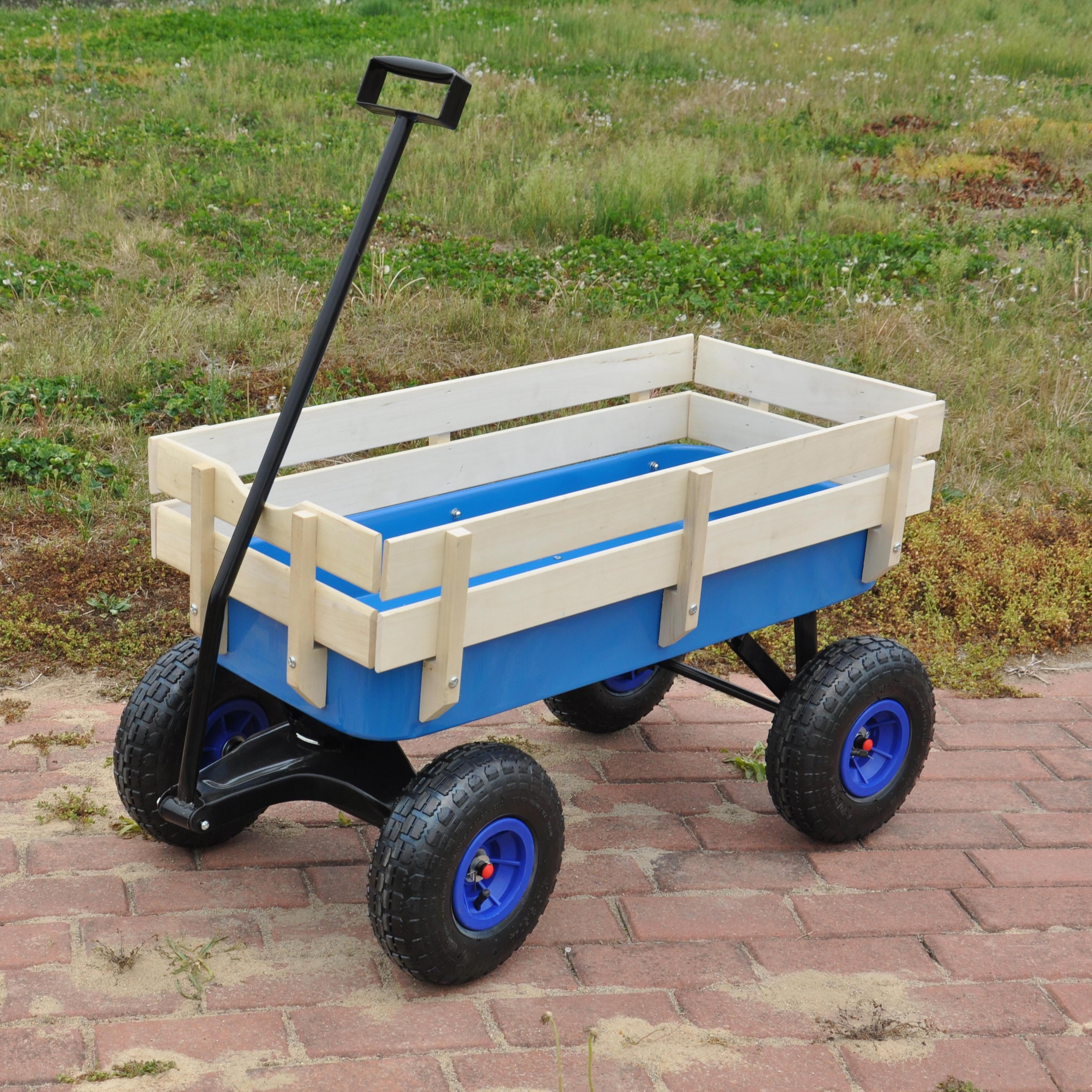 Blue Steel Outdoor Cargo Wagon with Wood Railing, 39.3"