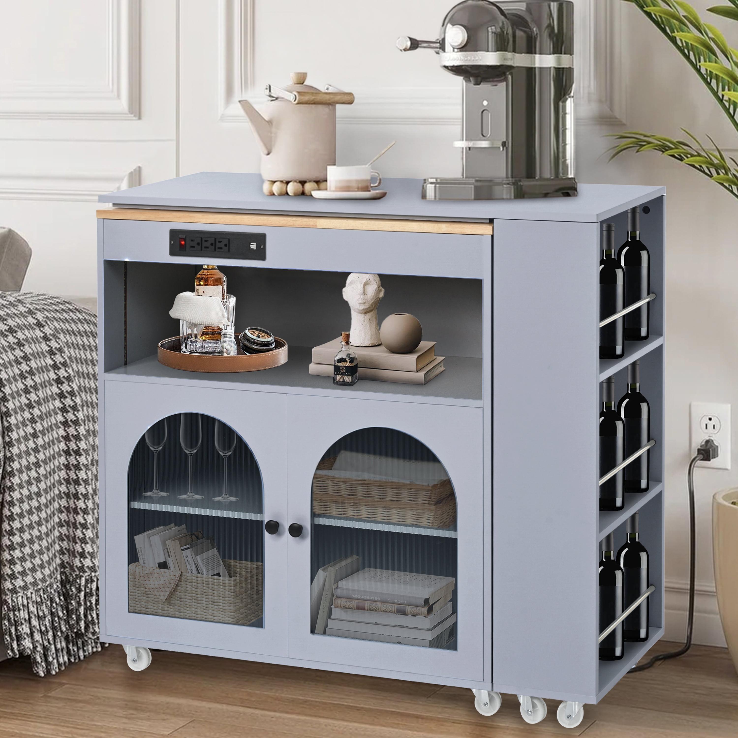 Gray Blue Rolling Kitchen Island with LED Lights and Fluted Glass Doors