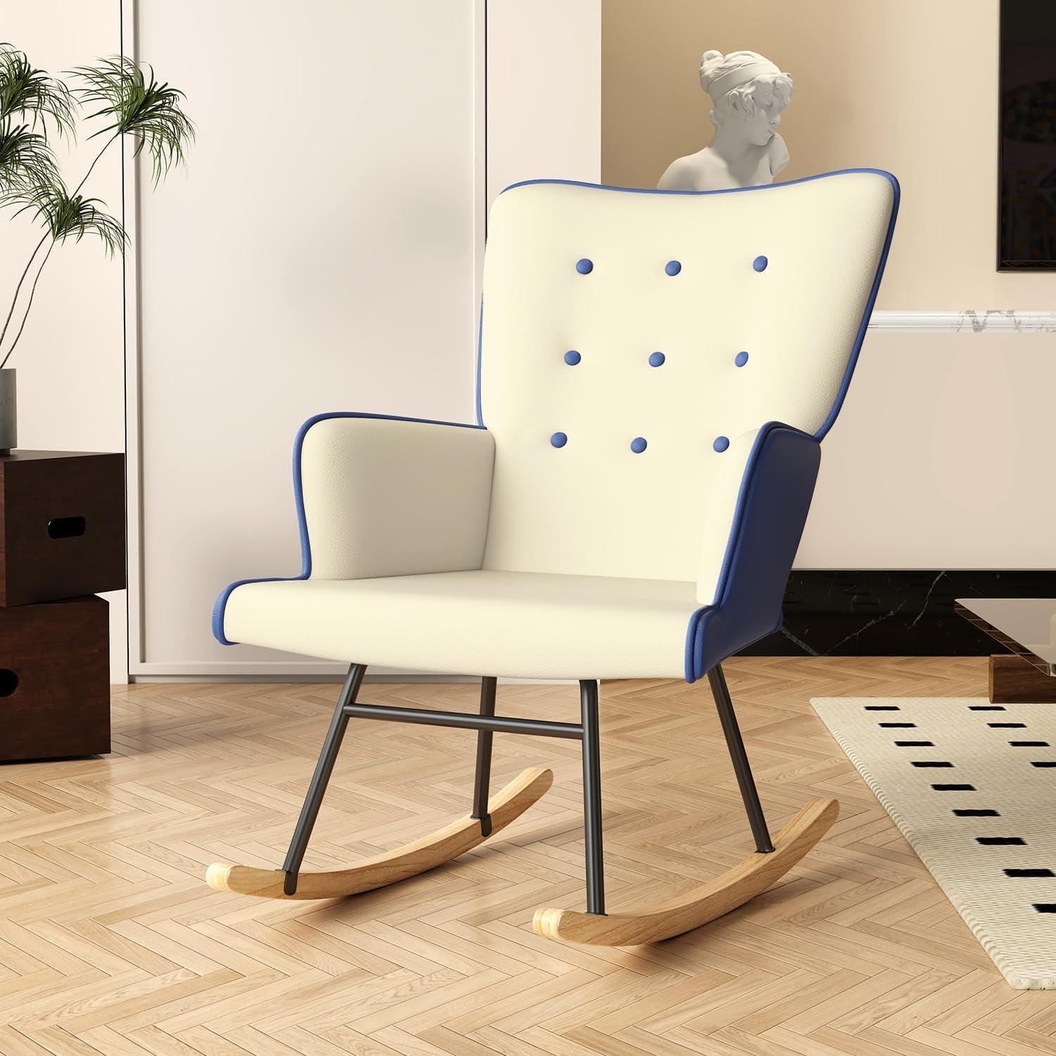 Glider Rocking Chair for Nursery, Leather Soft Upholstered Glider Rocker Armchair with High Backrest Accent Chairs for Nursery, Living Room, Bedroom