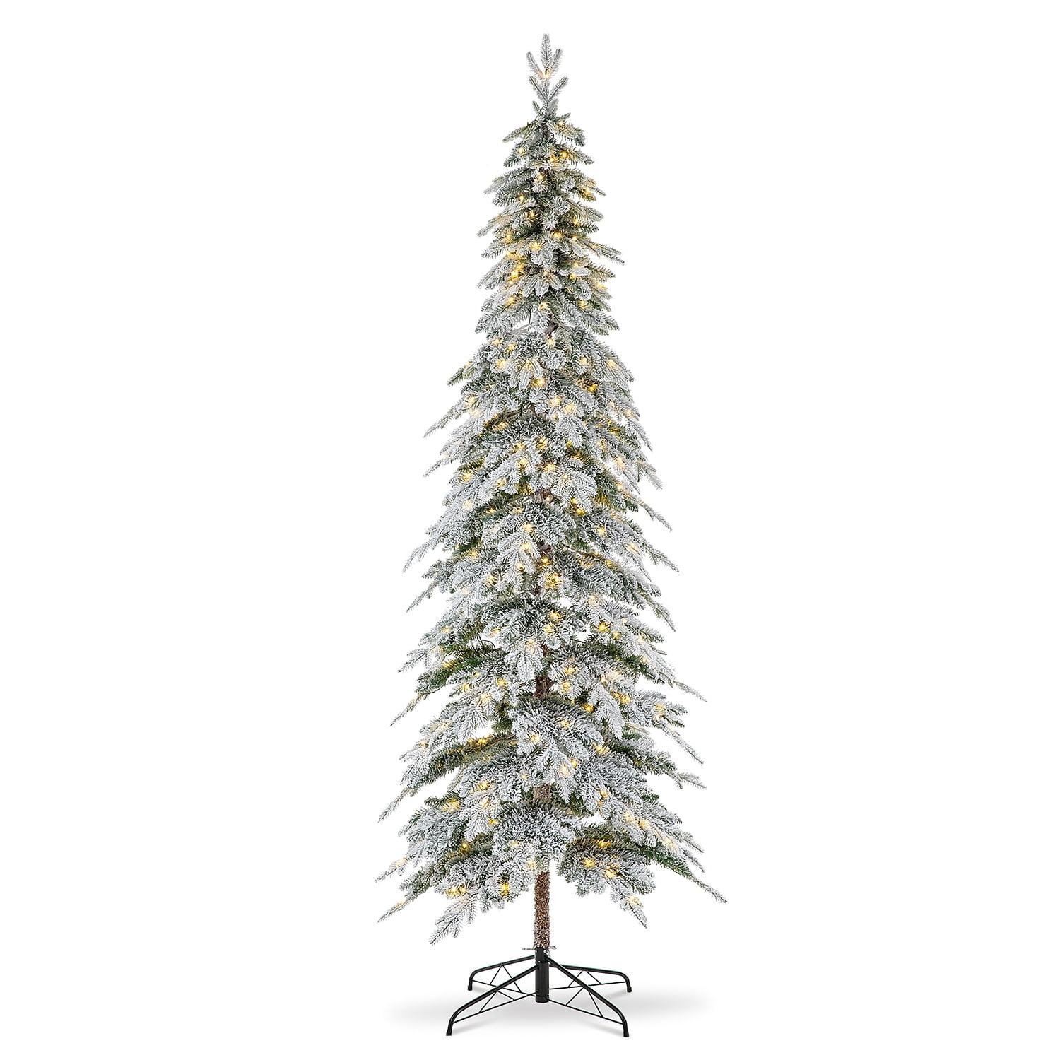 9ft Narrow Flocked Spruce Christmas Tree with Warm White Lights