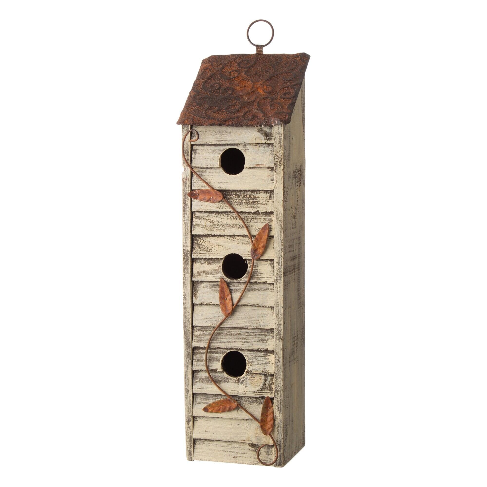 Distressed Off-White Three-Tier Wooden Birdhouse with Metal Roof