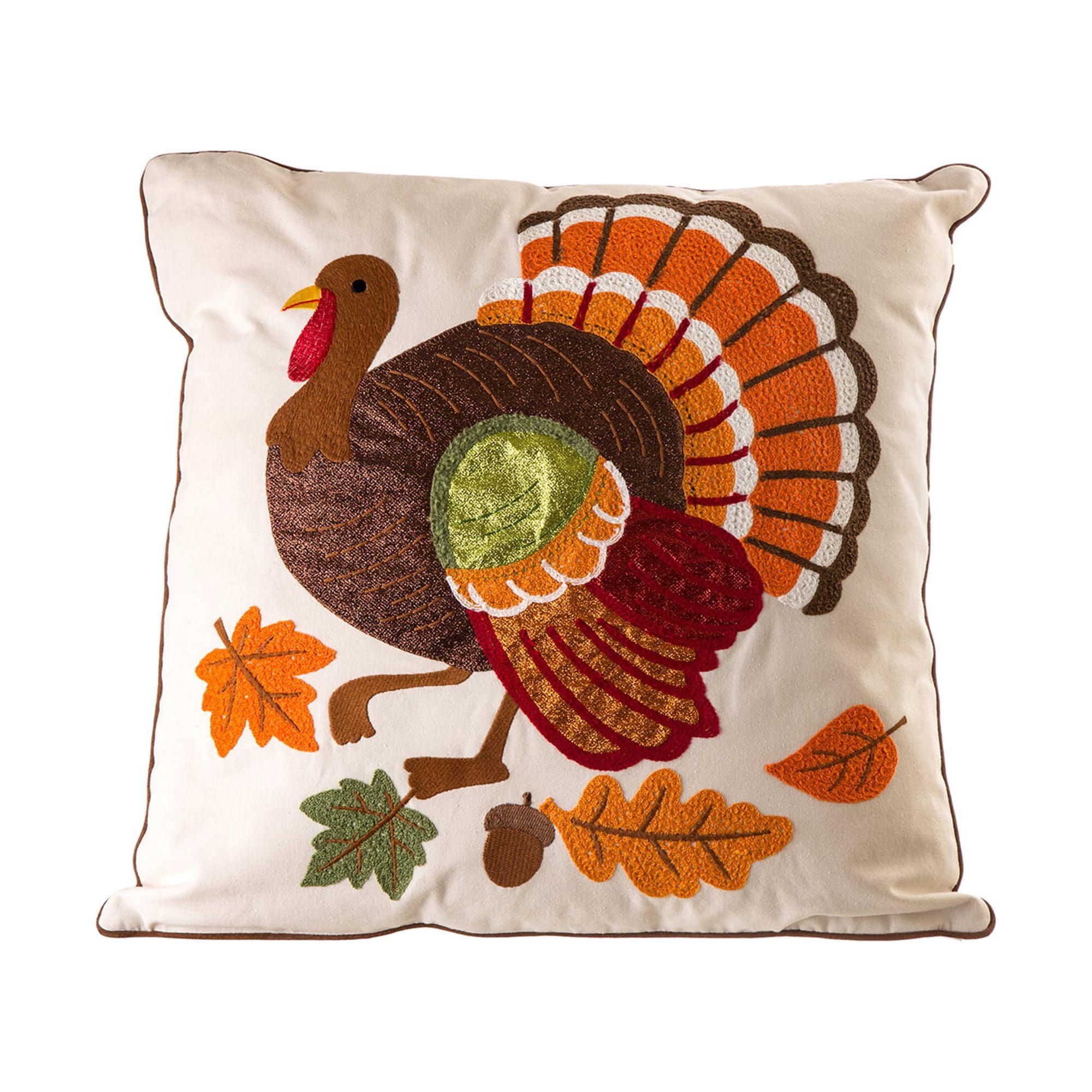 Glitzhome 18 x 18 Inches Cotton Embroidered Turkey Pillow Cover