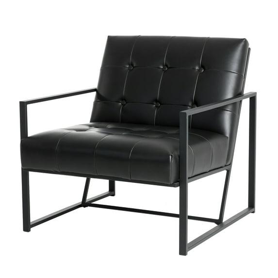 Glitzhome 31.50"H Accent Arm Chair PU Leather Button-tufted Ergonomic Chair with Black Metal Frame for Living Room Bedroom