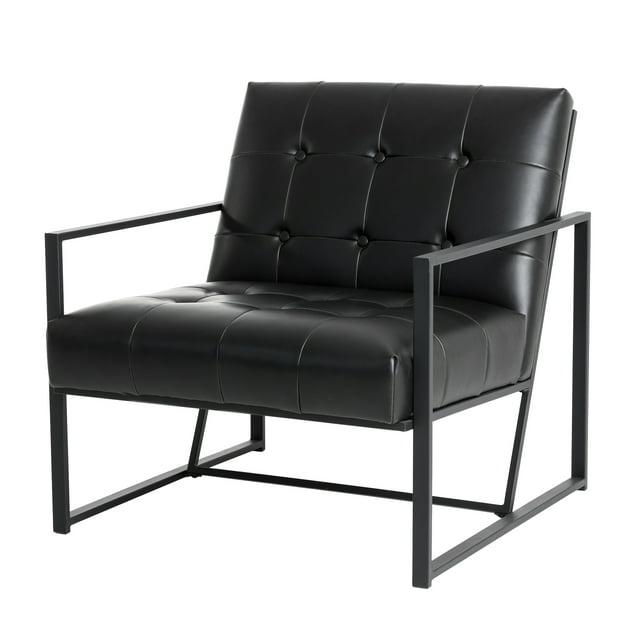 Glitzhome 31.50"H Accent Arm Chair PU Leather Button-tufted Ergonomic Chair with Black Metal Frame for Living Room Bedroom