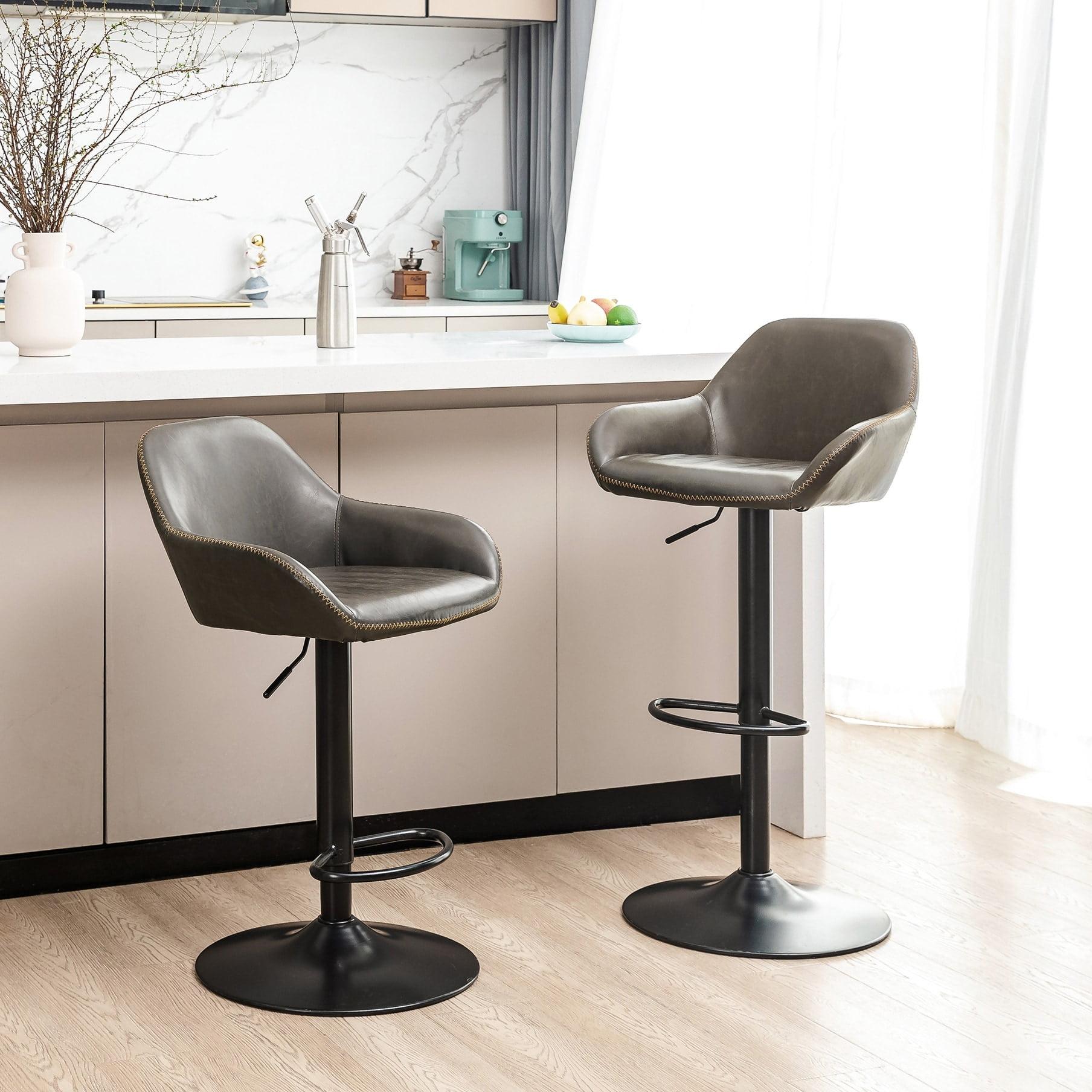 Glitzhome  42"H Mid-Century Adjustable Faux Leather Swivel Bar Stools Low Back Grey Set of 2 Foam, Steel Faux Leather, Foam Footrest, Padded Seat,