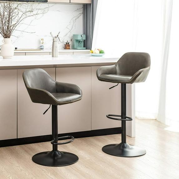 Glitzhome  42"H Mid-Century Adjustable Faux Leather Swivel Bar Stools Low Back Grey Set of 2 Foam, Steel Faux Leather, Foam Footrest, Padded Seat,