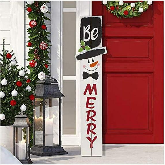 Glitzhome 42" H Wooden Welcome Sign Snowman Vertical Porch Sign Farmhouse Merry Hanging Signs Christmas Decorations for Front Door Wall Display